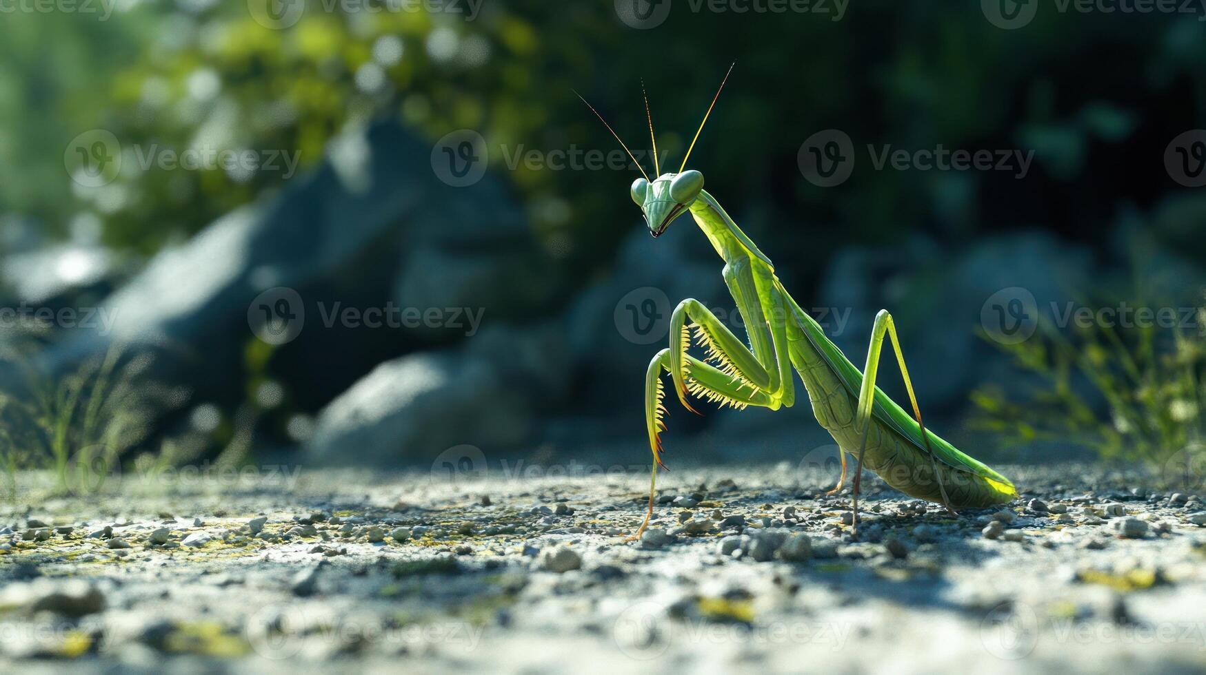 A detailed image depicting a green praying mantis insect photo