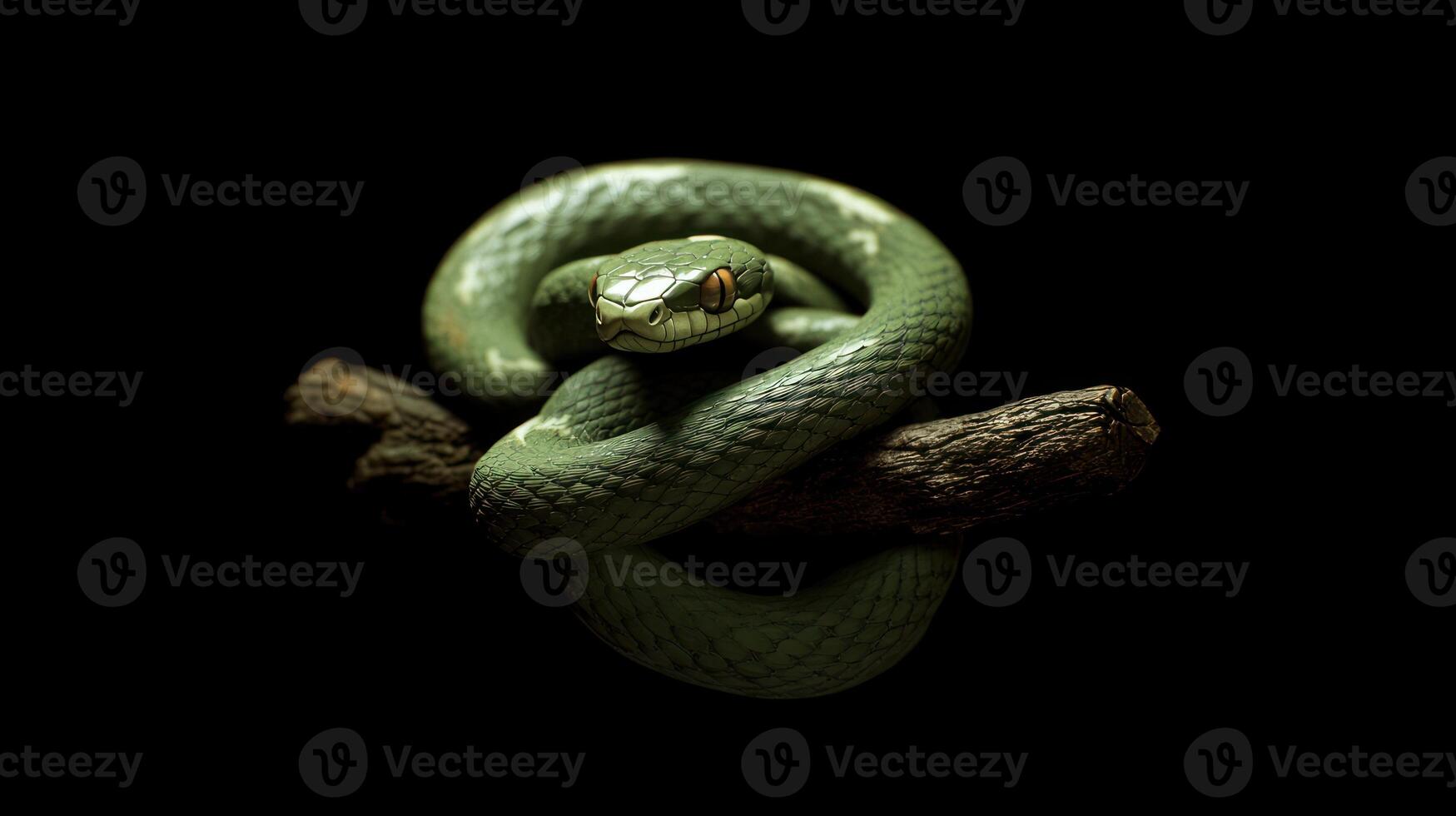 A coiled green snake resting on a wooden branch against darkness photo