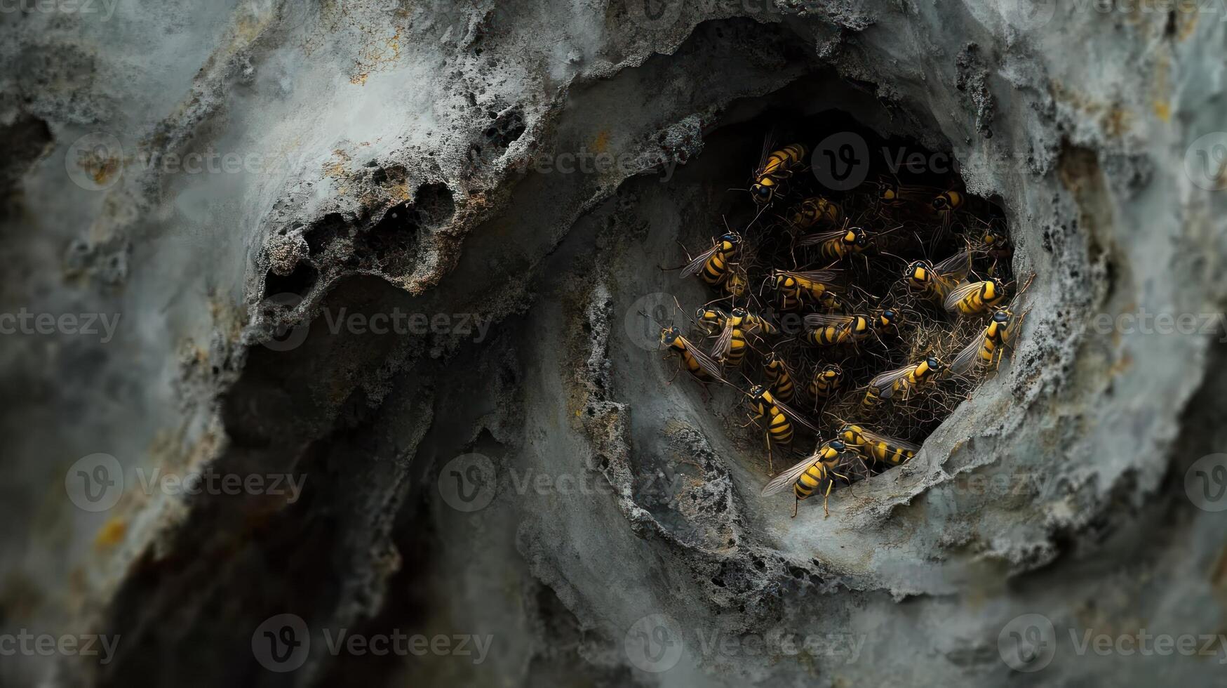 A collection of wasps within their intricate and natural nest photo