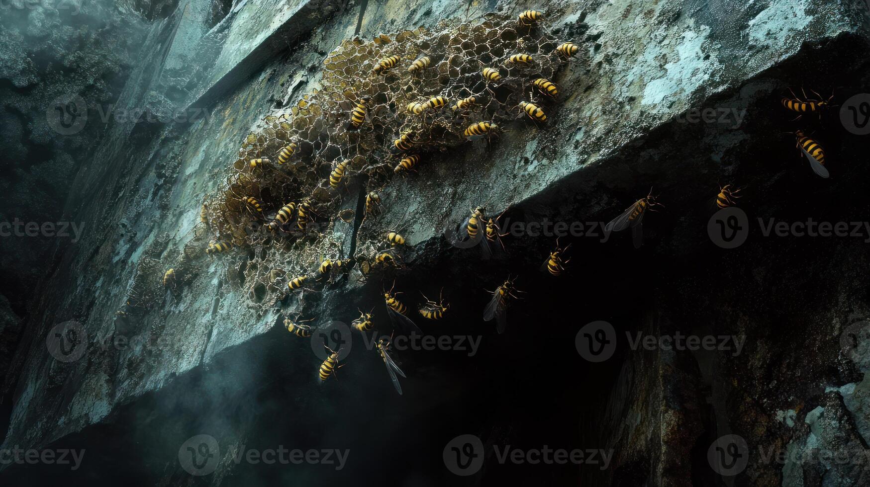 A swarm of yellow and black insects with their honeycomb nest photo