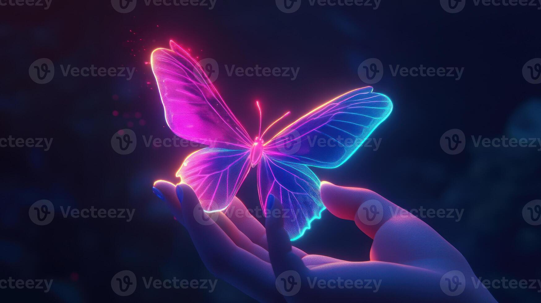 An illuminated butterfly rests on the open palm of a hand photo
