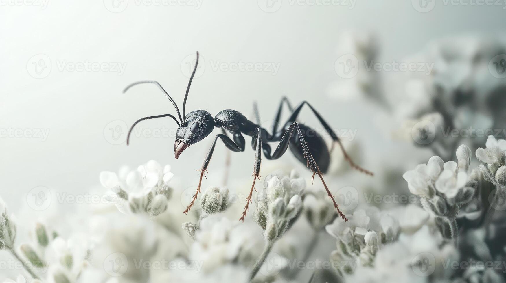 A black ant gracefully traverses a field of delicate white flowers photo