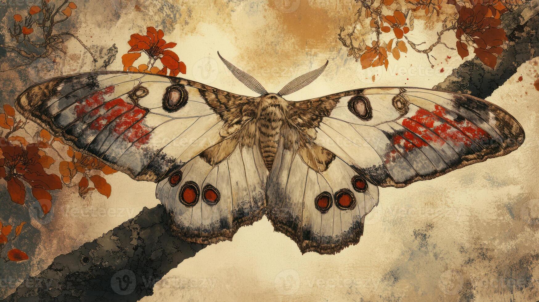 An artistic depiction of a large moth displayed on a branch photo