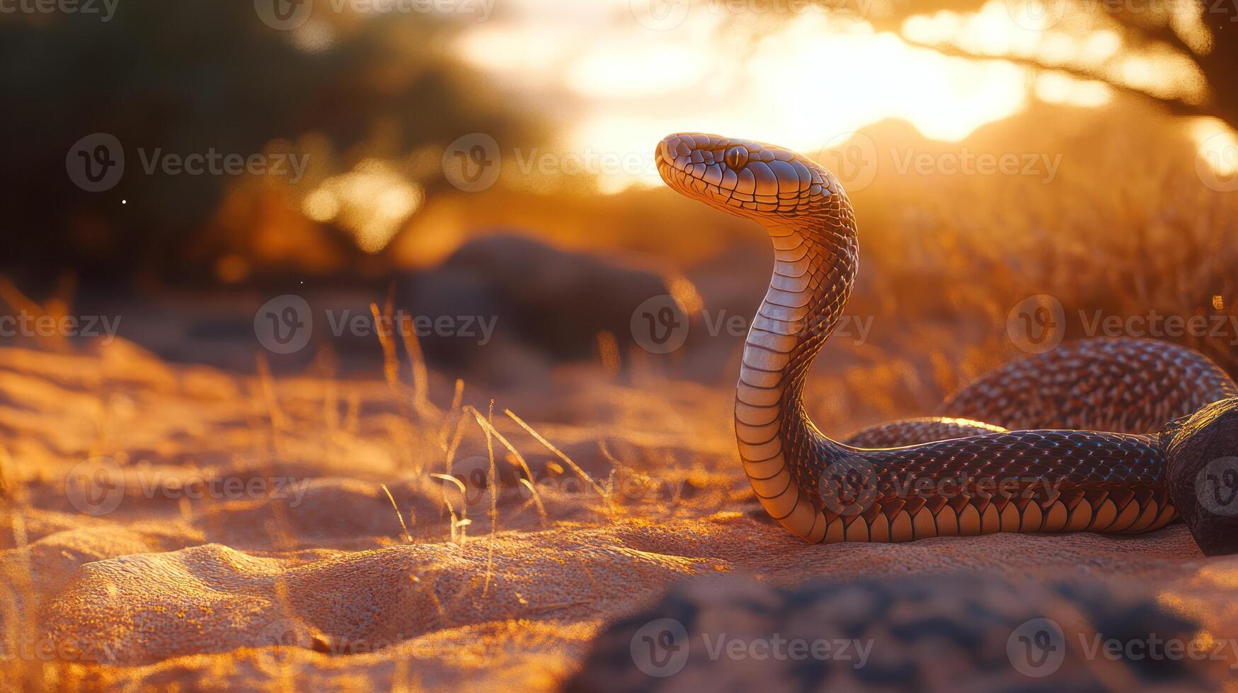 A snake sits in the sand illuminated by the sunlight photo