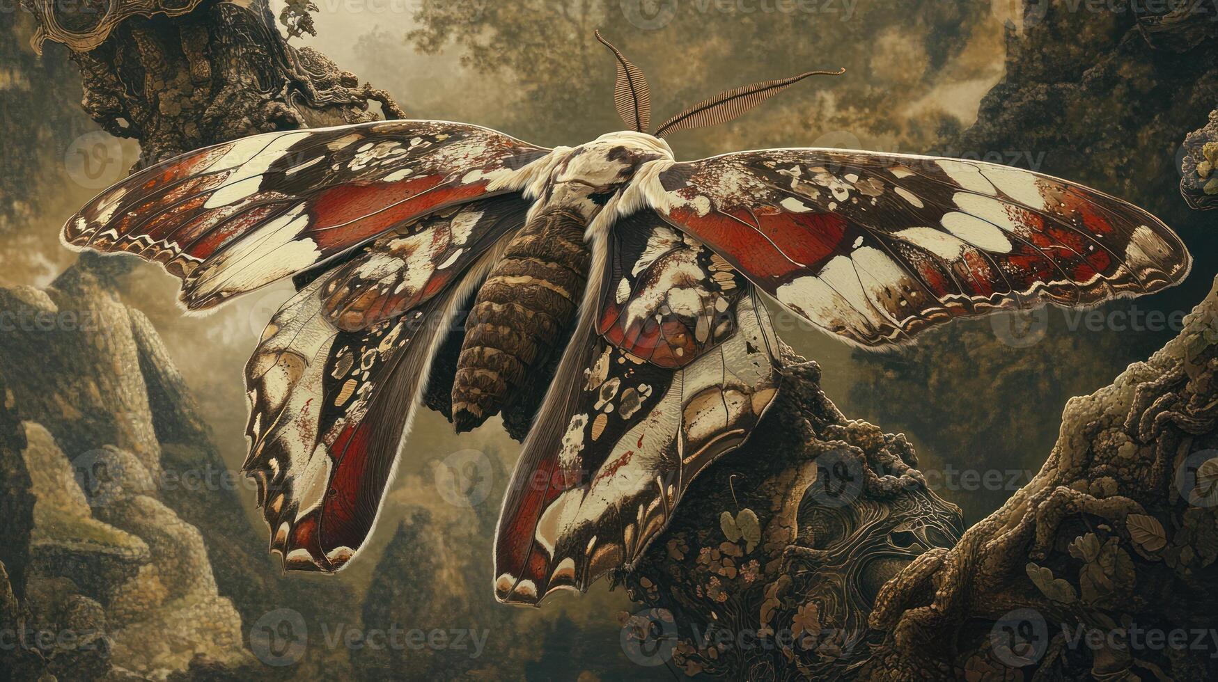 A detailed image showing a moth resting on a tree branch photo