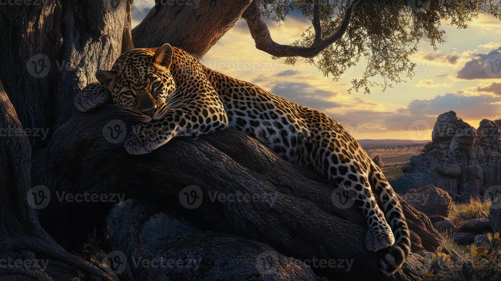A resting leopard is peacefully sleeping upon a large tree branch photo