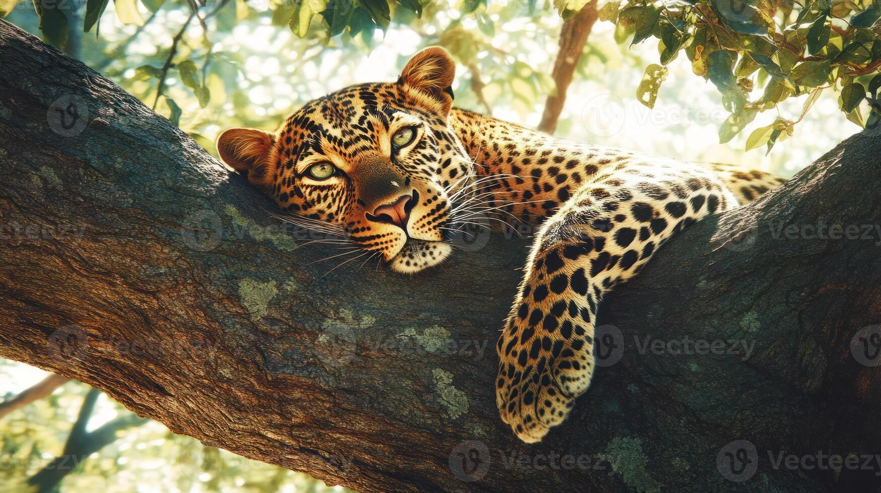 A beautiful leopard relaxing on a sturdy tree branch gracefully photo