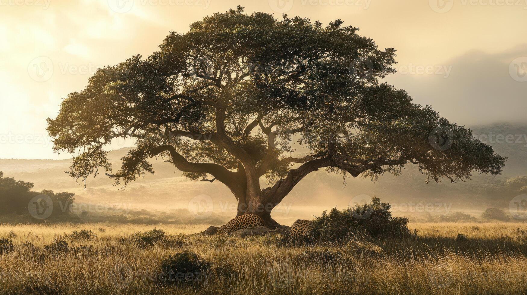 A majestic tree providing shade in a golden savanna landscape photo