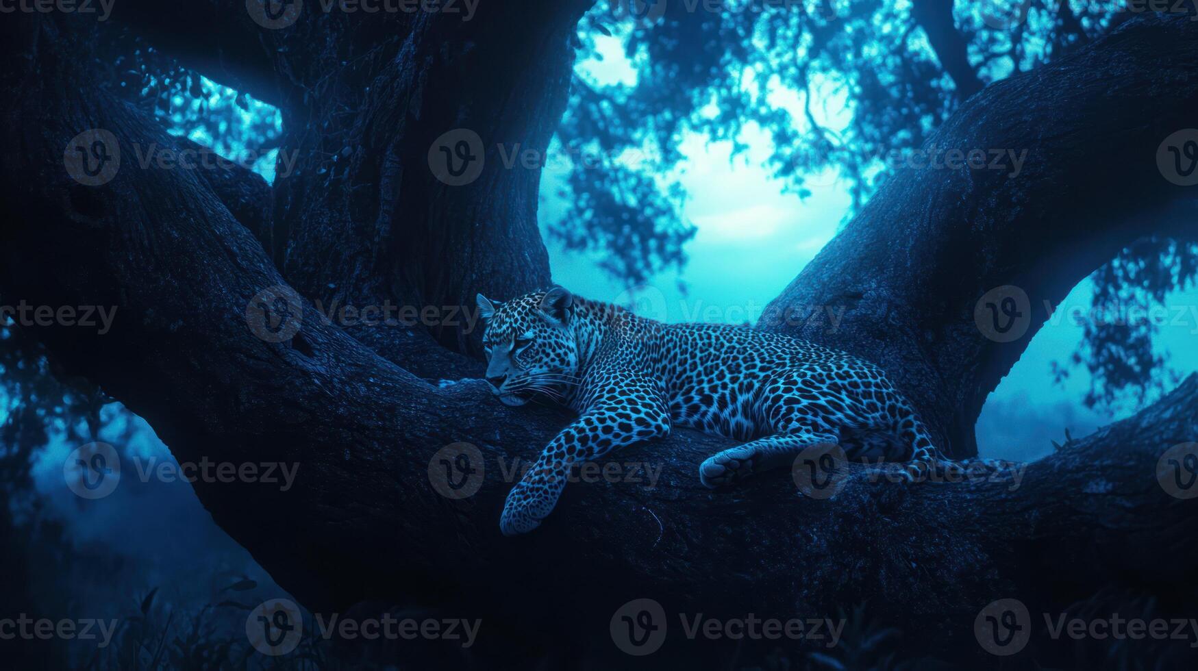 A leopard resting peacefully on a large sturdy tree branch photo