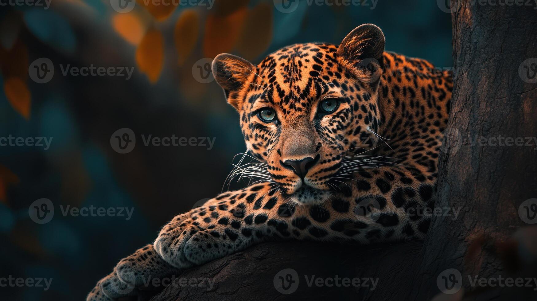 A majestic leopard gazing peacefully from a tree branch photo