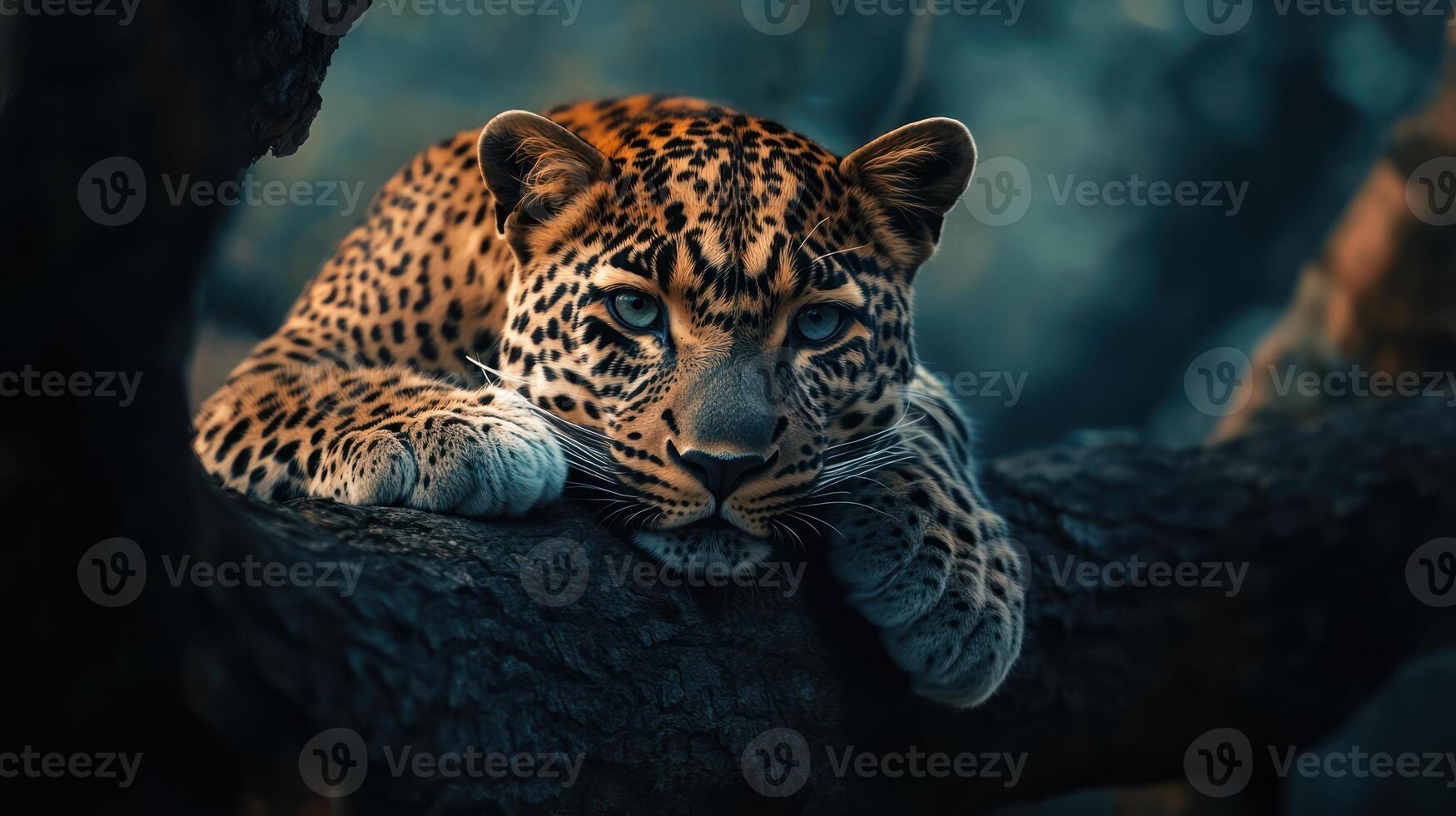A majestic leopard rests peacefully on a sturdy tree branch photo