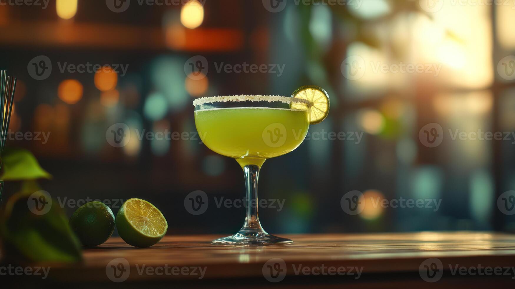 A Refreshing Green Cocktail Garnished With a Citrus Lime Slice photo