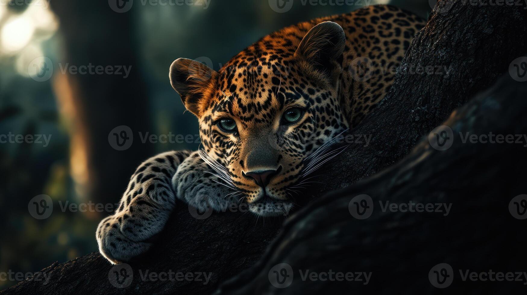 A beautiful leopard rests upon a strong and sturdy tree branch photo