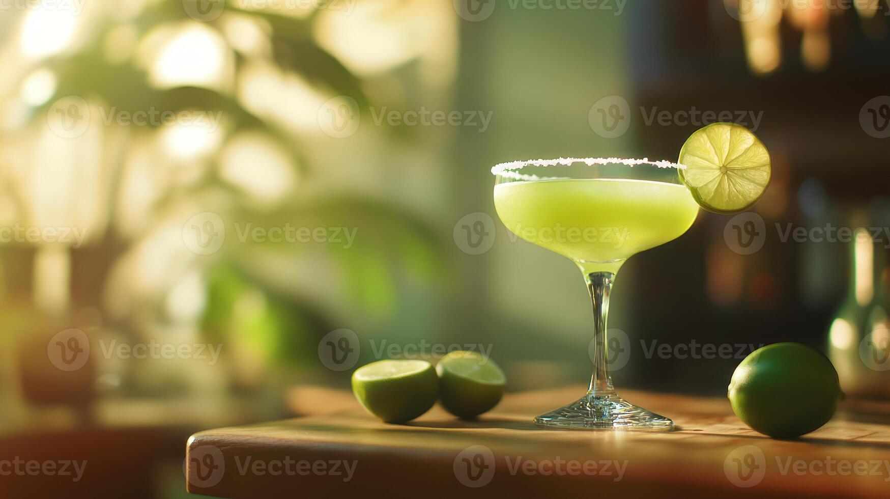 A refreshing green cocktail with a lime garnish on a table photo