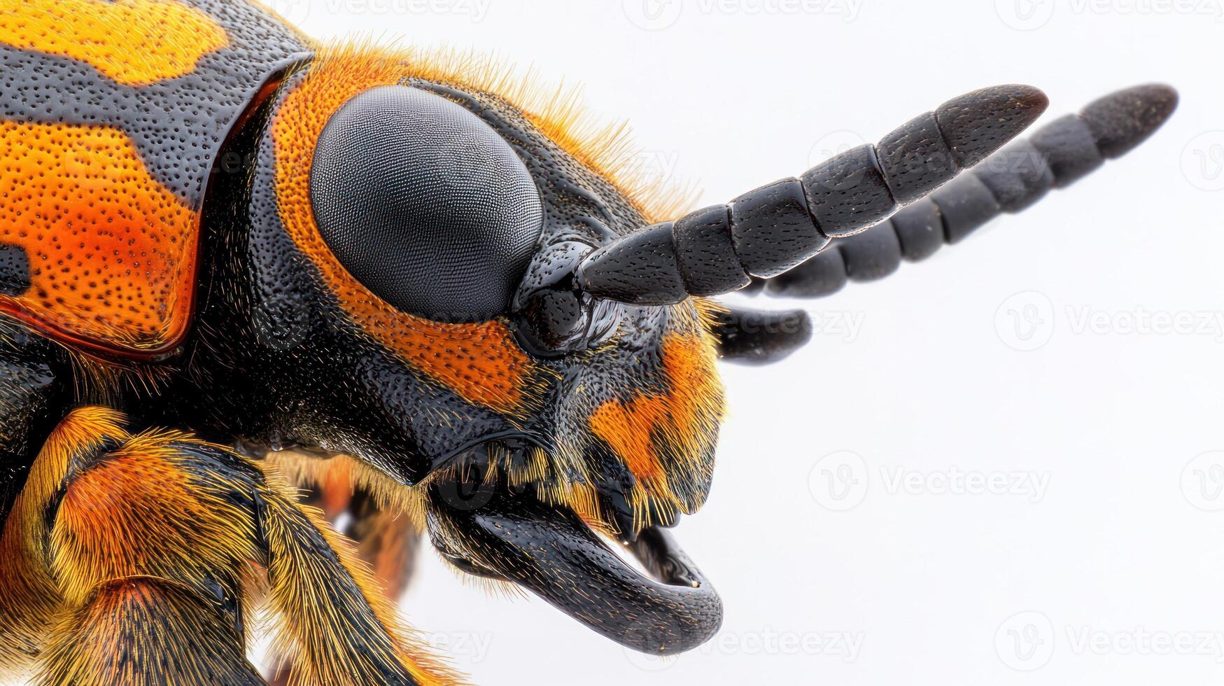 Macro shot of an insect head showcasing intricate colors and textures photo