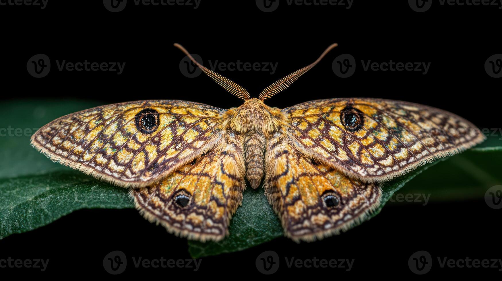 Close up photograph of a colorful moth on a green leaf photo