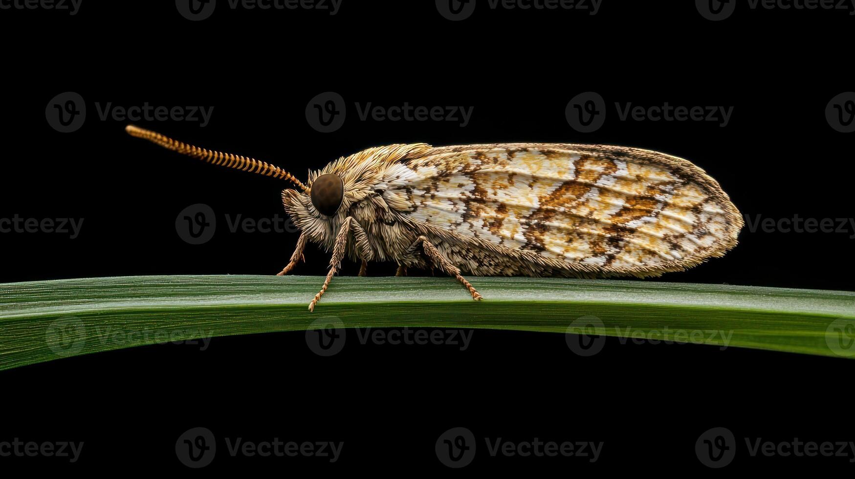 Detailed photograph showcases a moth perched on a thin green leaf photo
