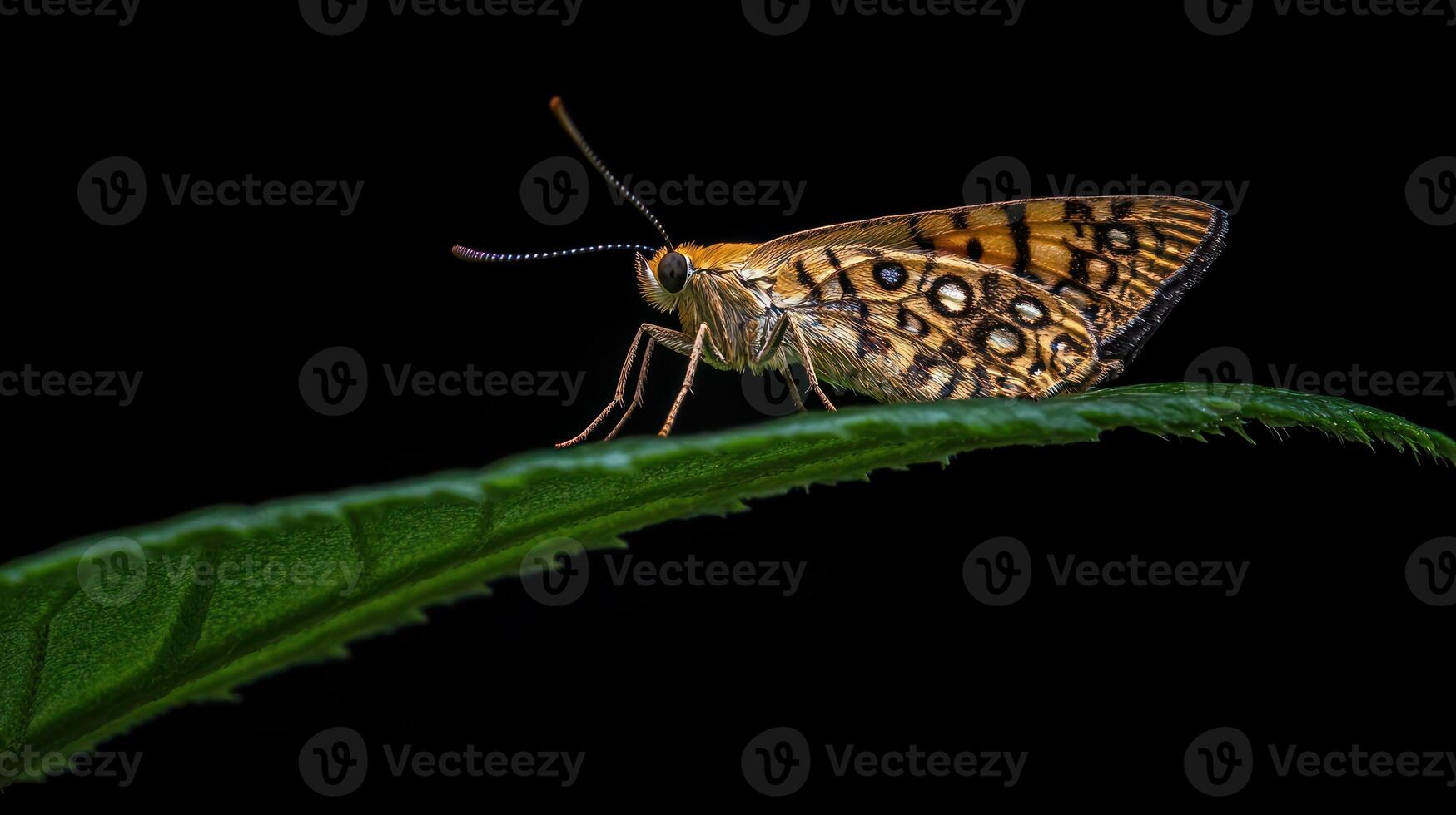 A beautiful butterfly rests on a green leaf in the shadows photo
