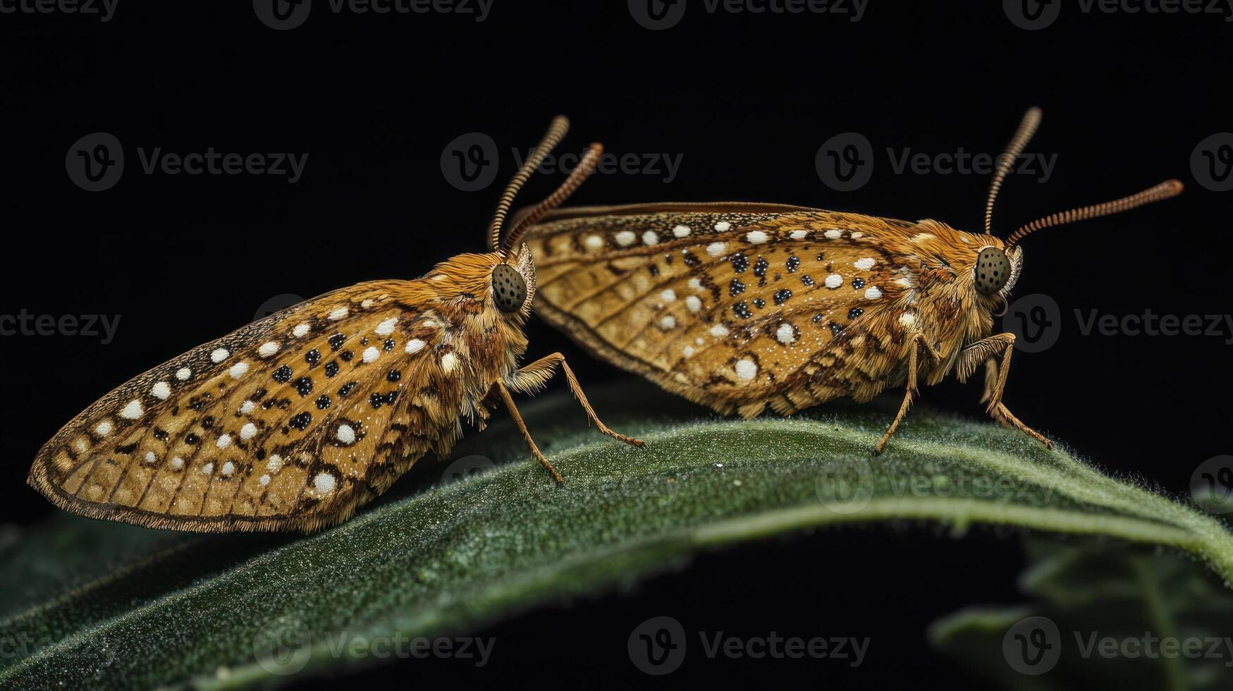 Two butterflies are perched on a leaf against a dark background photo