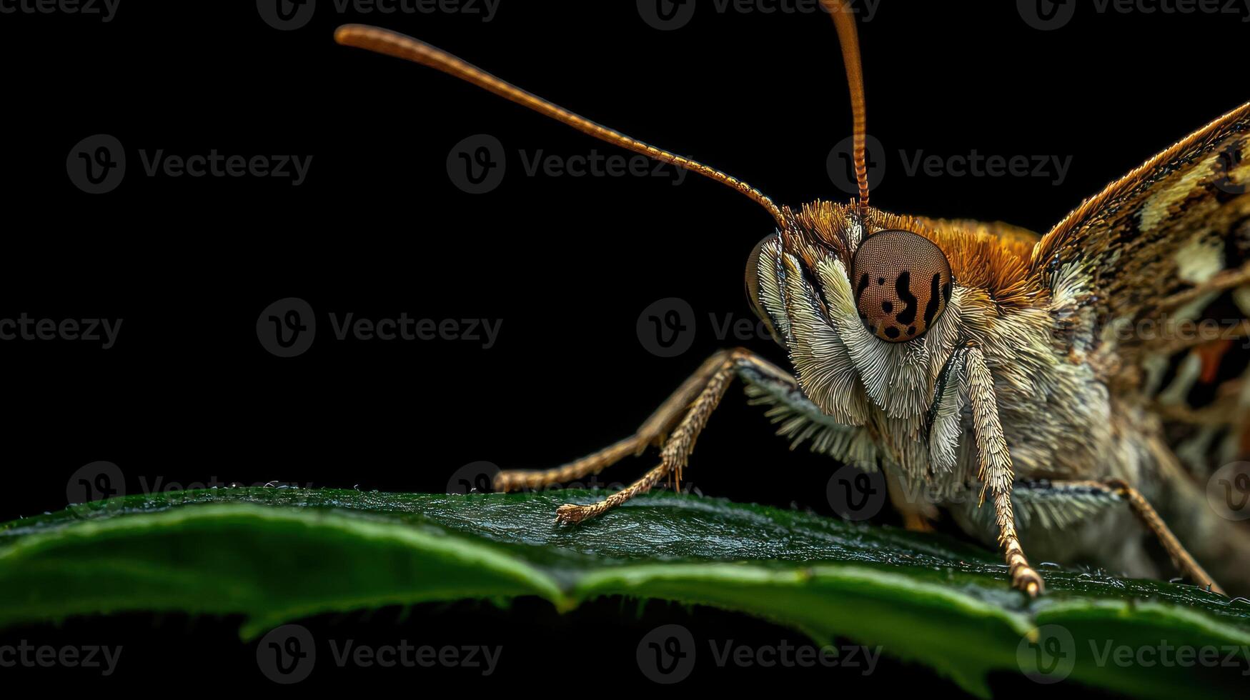 A detailed macro photograph shows a butterfly on a green leaf photo