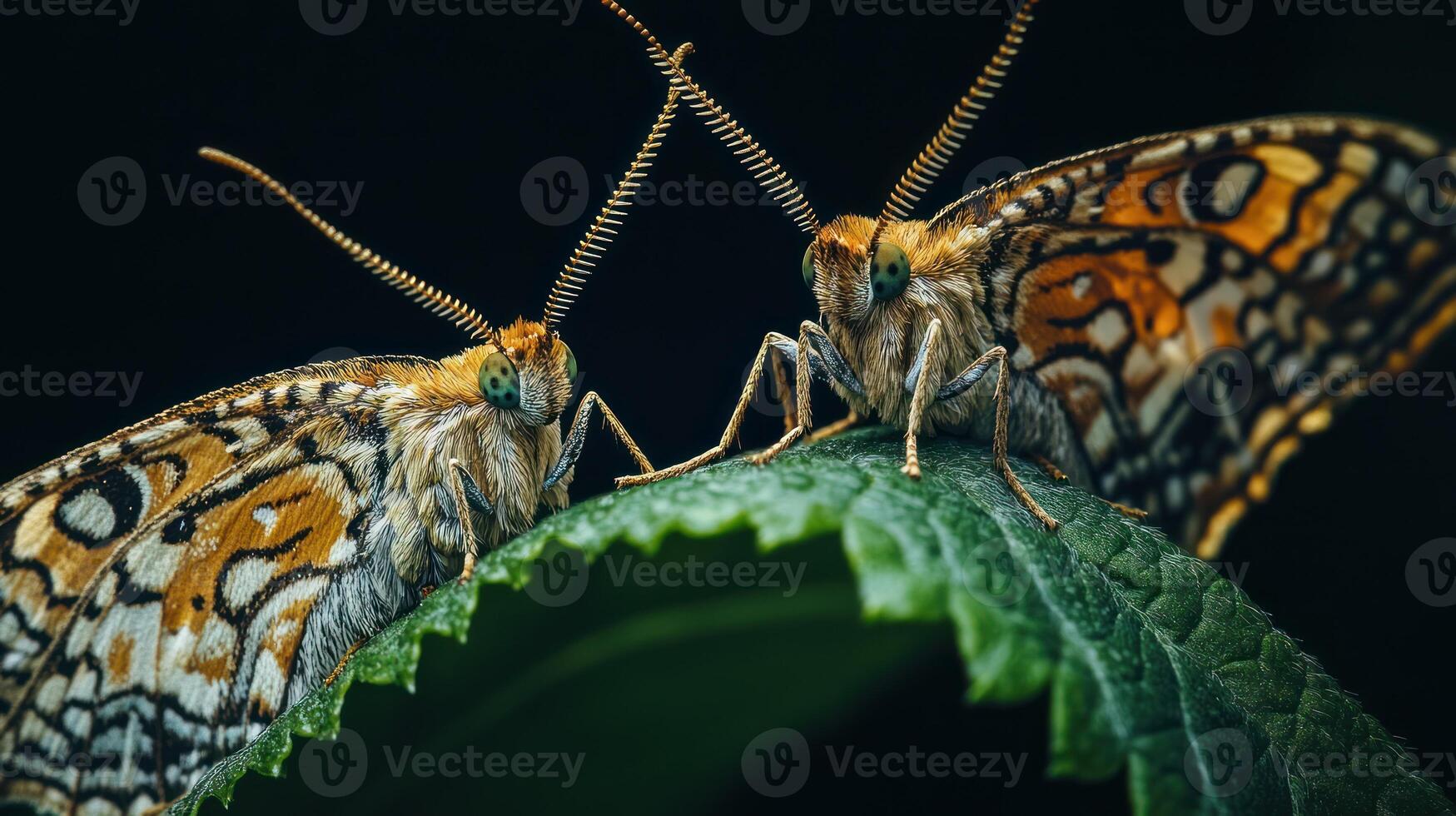 Two butterflies sharing a leaf showcasing beautiful wing patterns elegantly photo