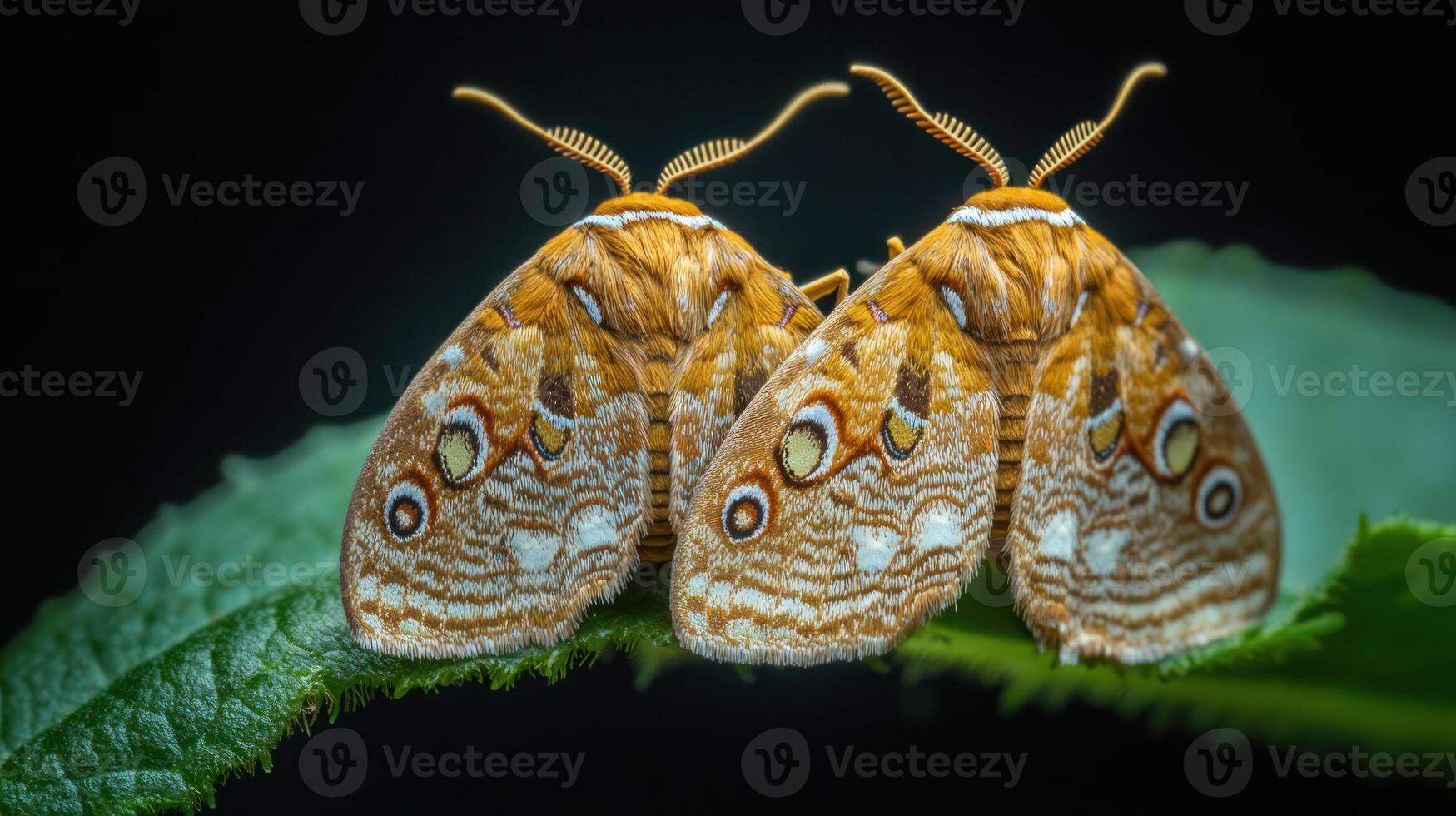 Close up view showing two moths resting on a green leaf photo