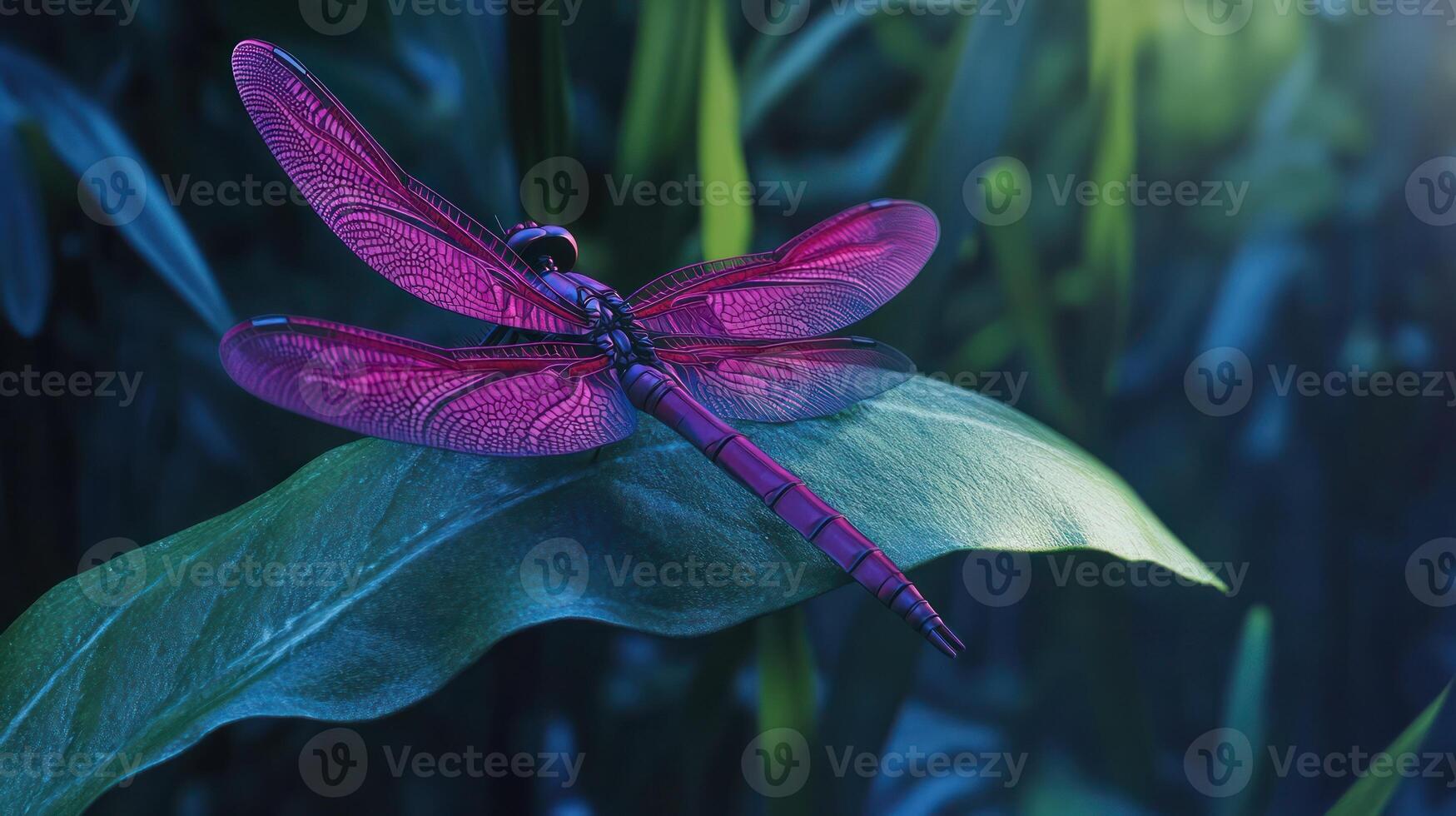 A beautiful magenta colored dragonfly resting on a leaf photo