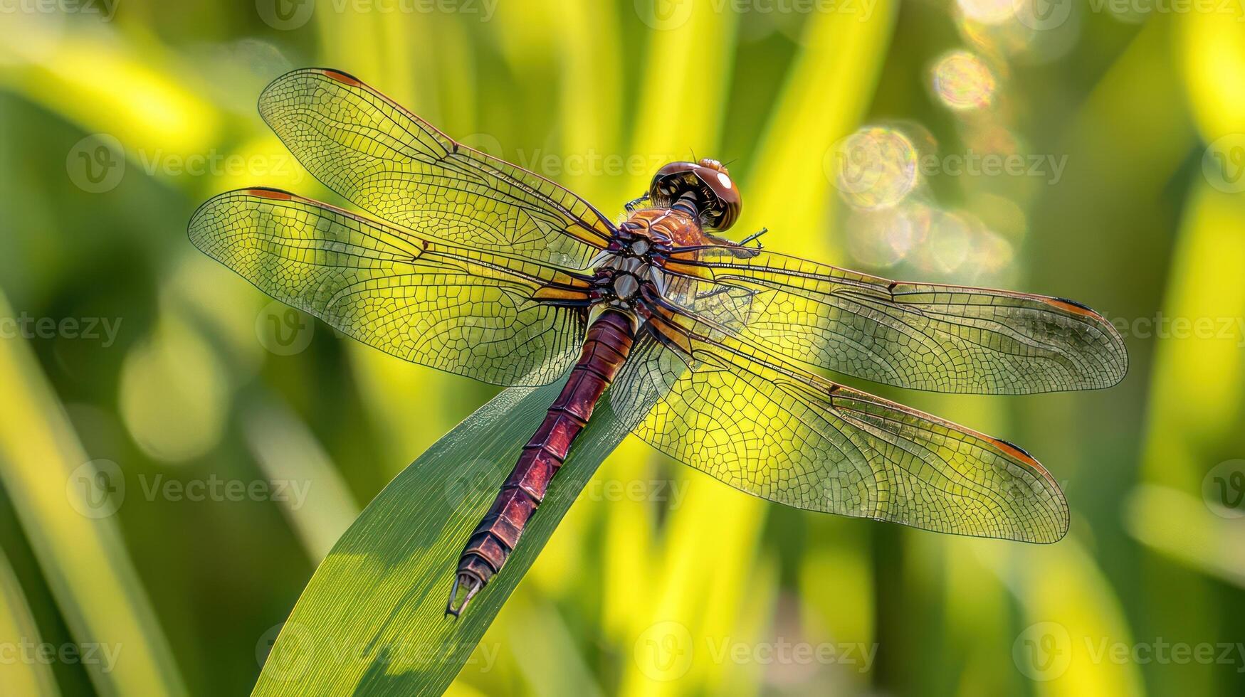 A colorful dragonfly resting on a green blade of grass photo