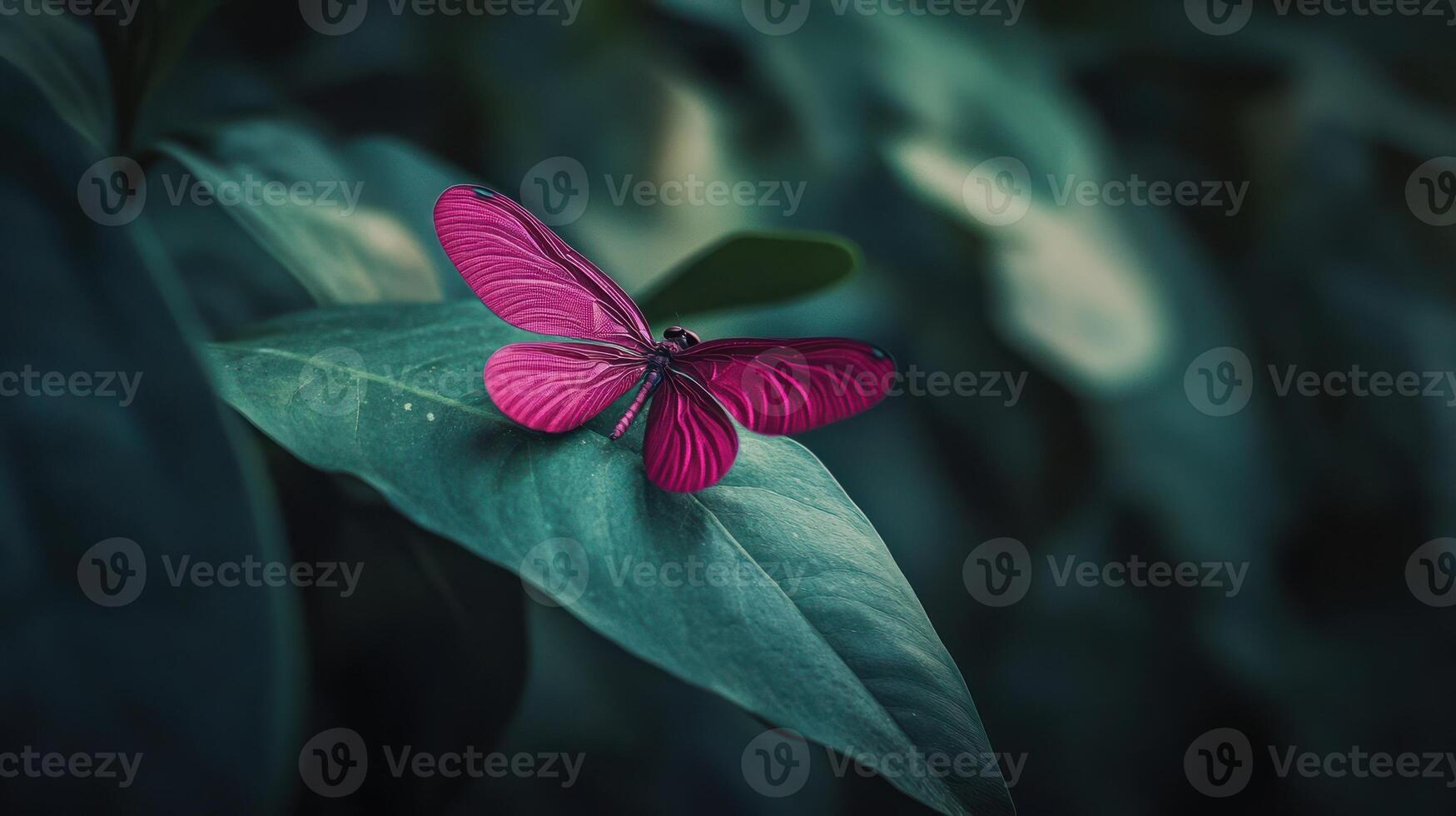 A beautiful magenta insect rests on a large textured leaf photo