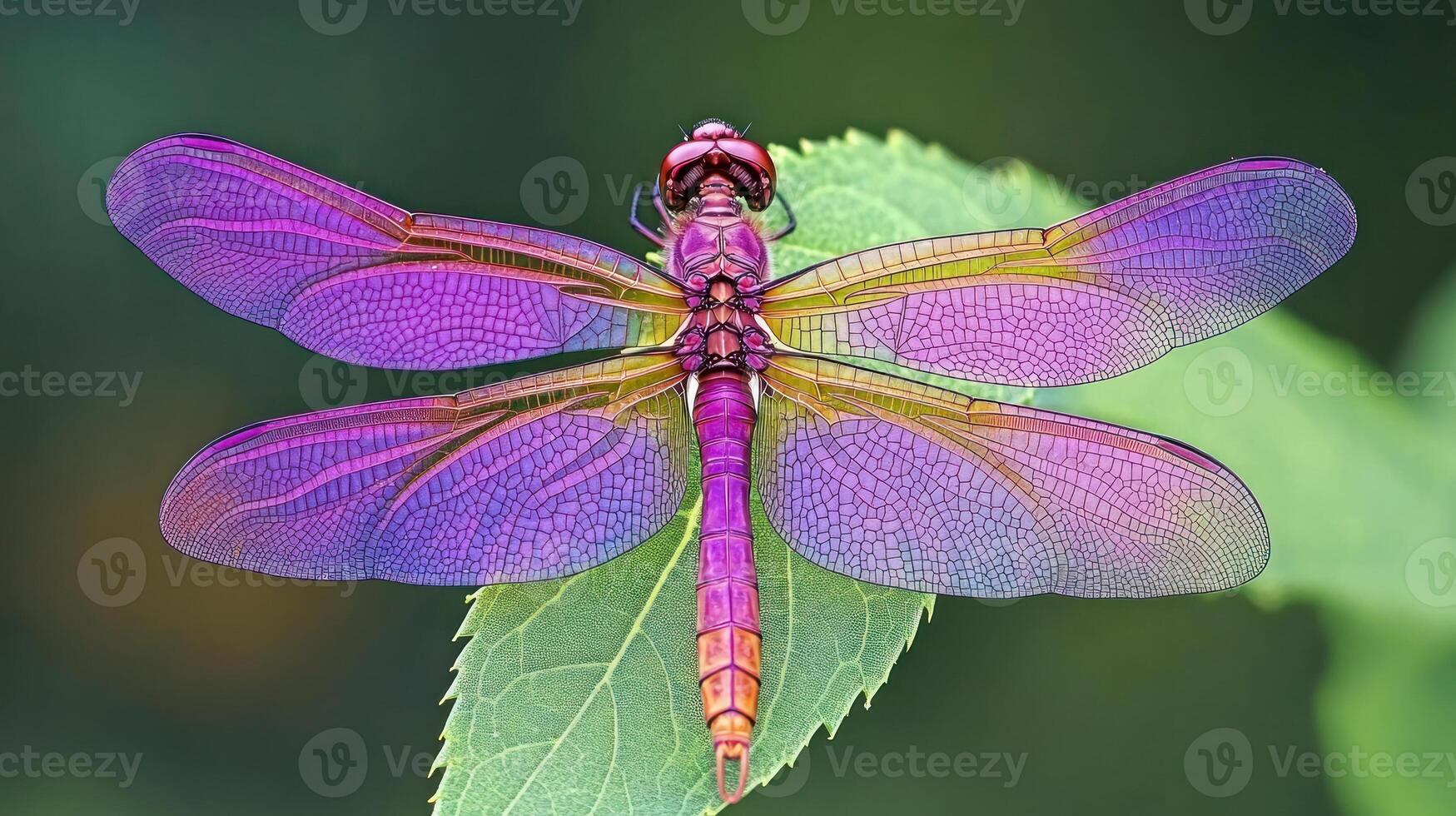 A colorful dragonfly rests on a green leaf against a blurred background photo
