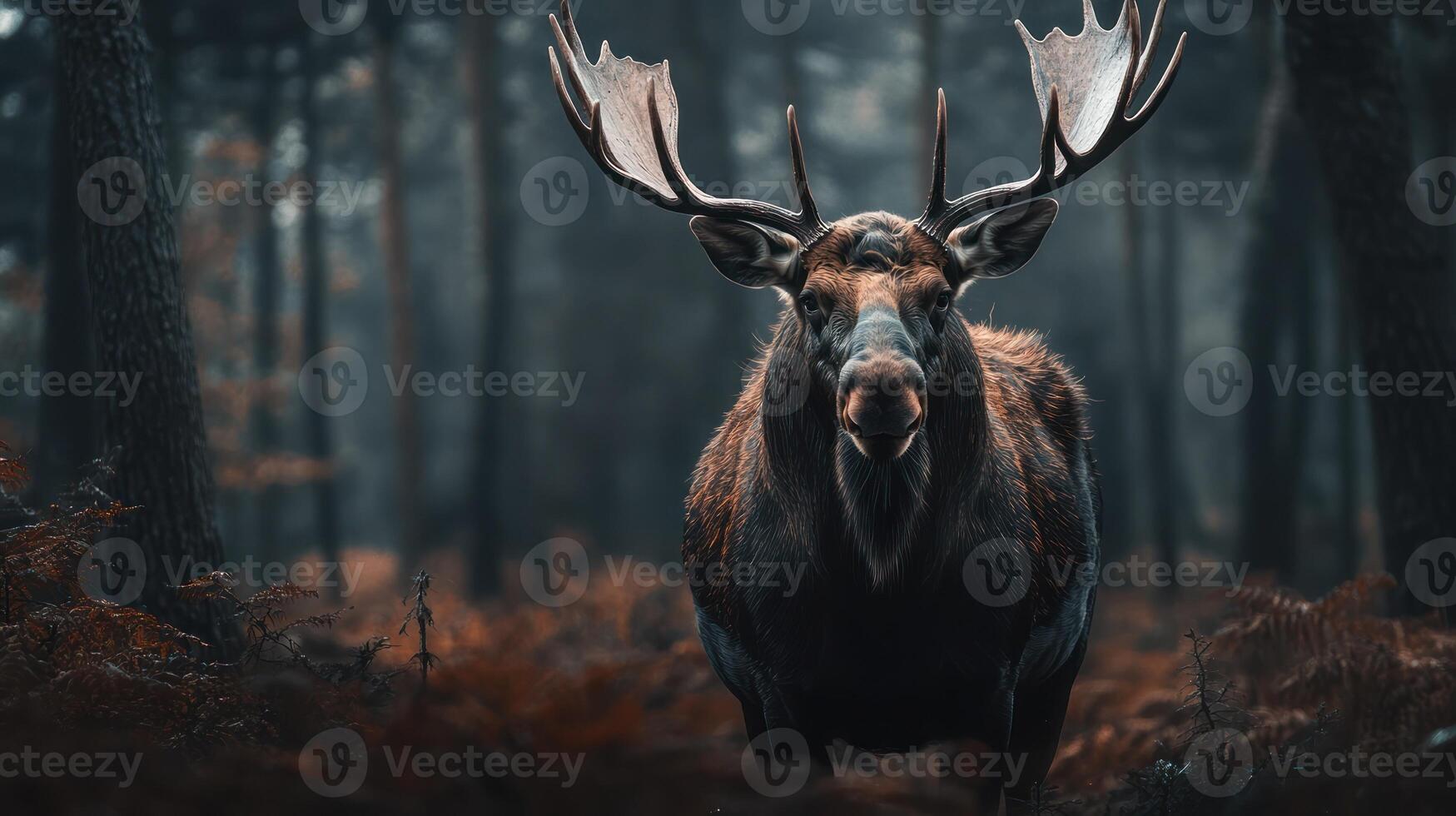 A majestic moose standing prominently in a dense forest setting photo