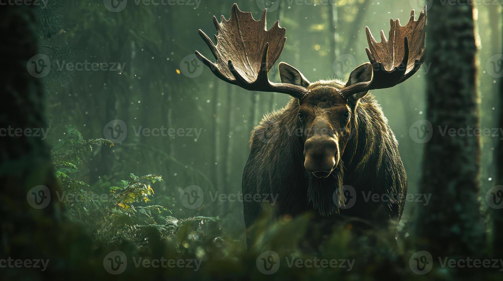 A large moose with impressive antlers stands within the forest photo