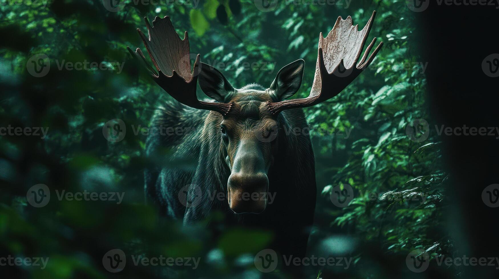 A majestic moose is looking forward in a lush green forest photo