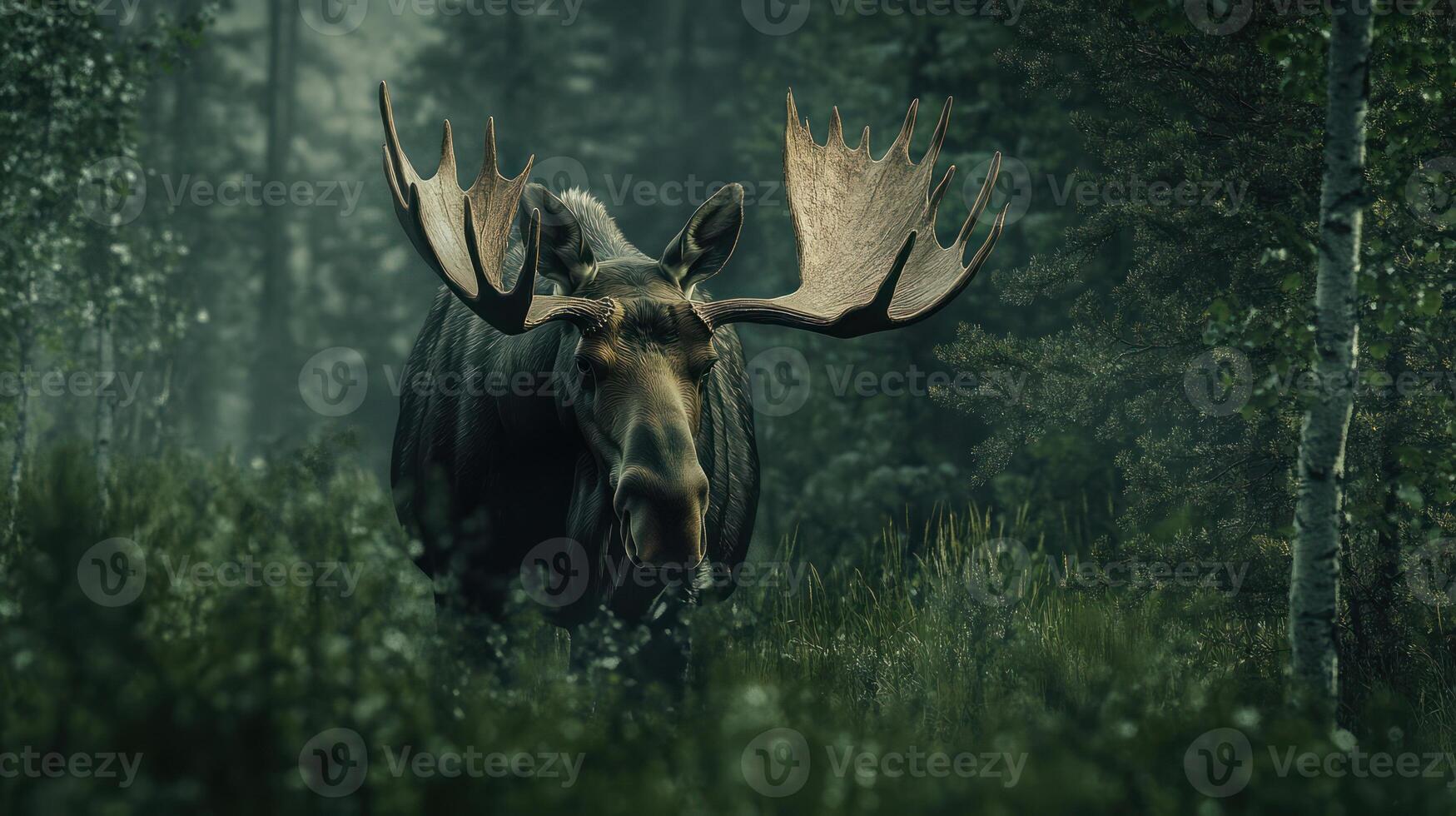 A majestic moose stands within a lush and misty forest photo