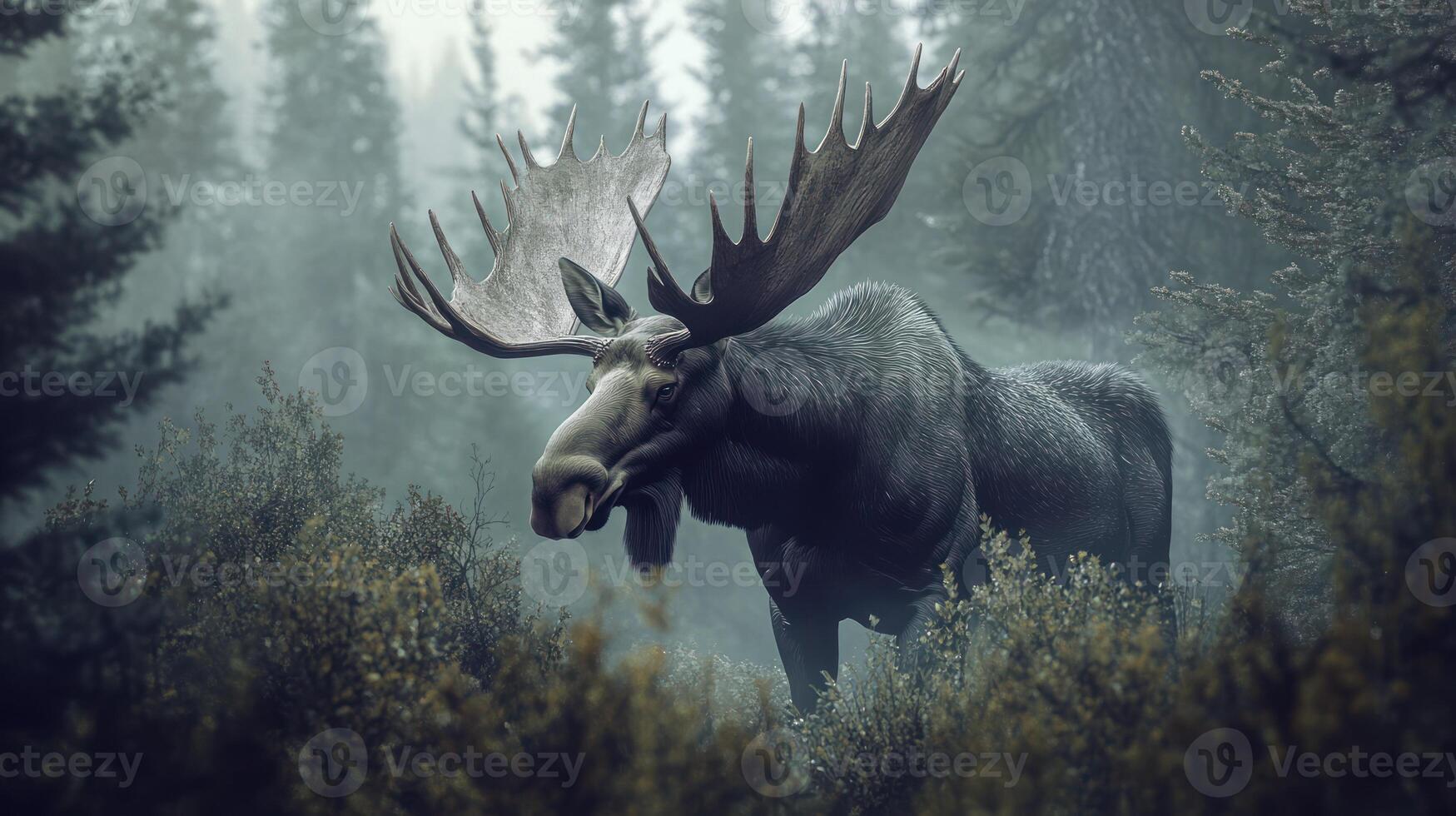 A majestic moose stands in a misty forest environment photo