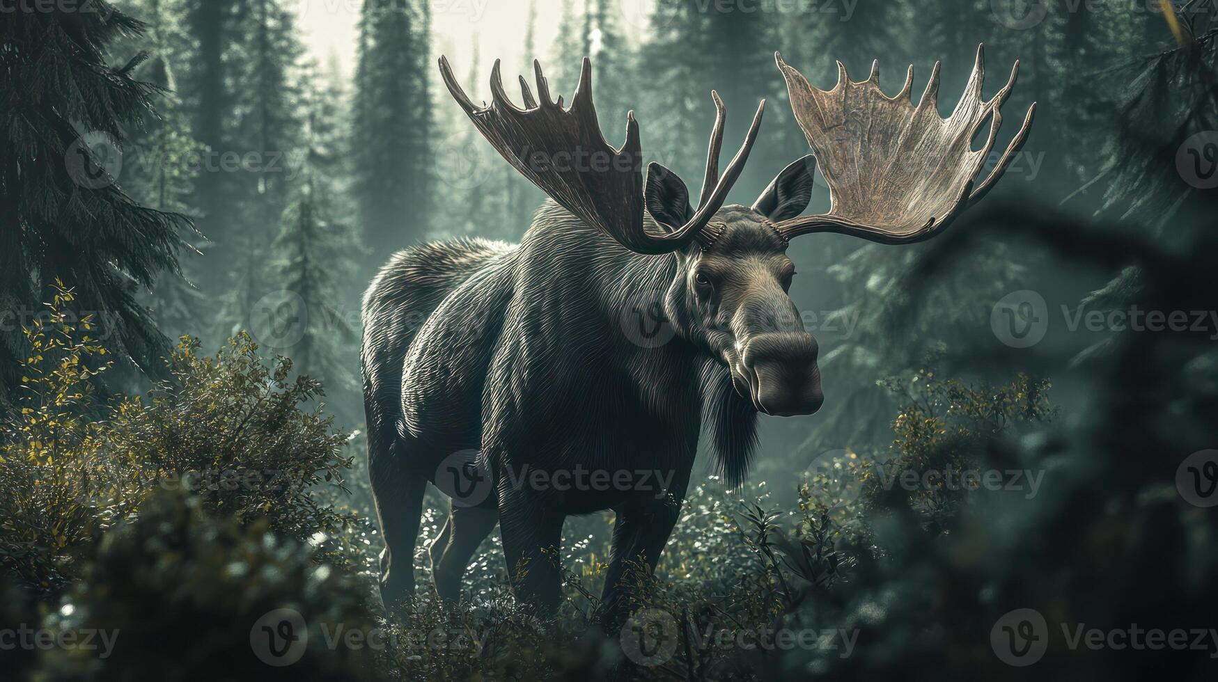 A majestic moose stands tall within a dense forest setting photo