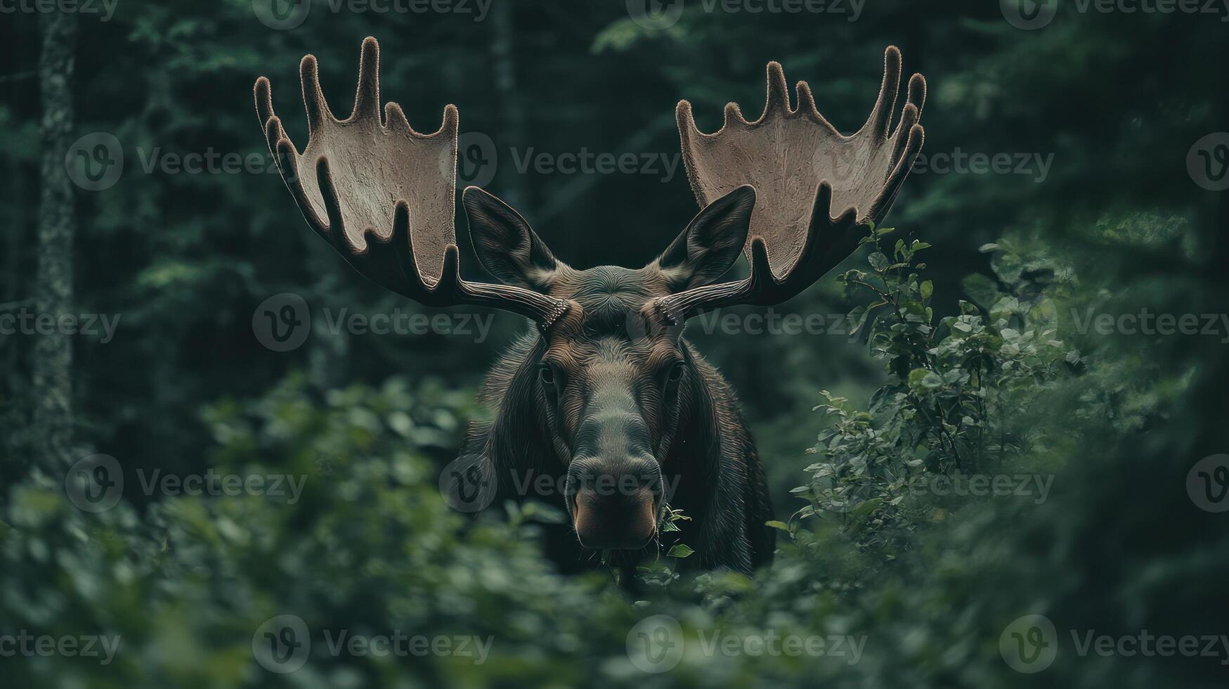 A large moose is looking directly at the viewer in the forest photo