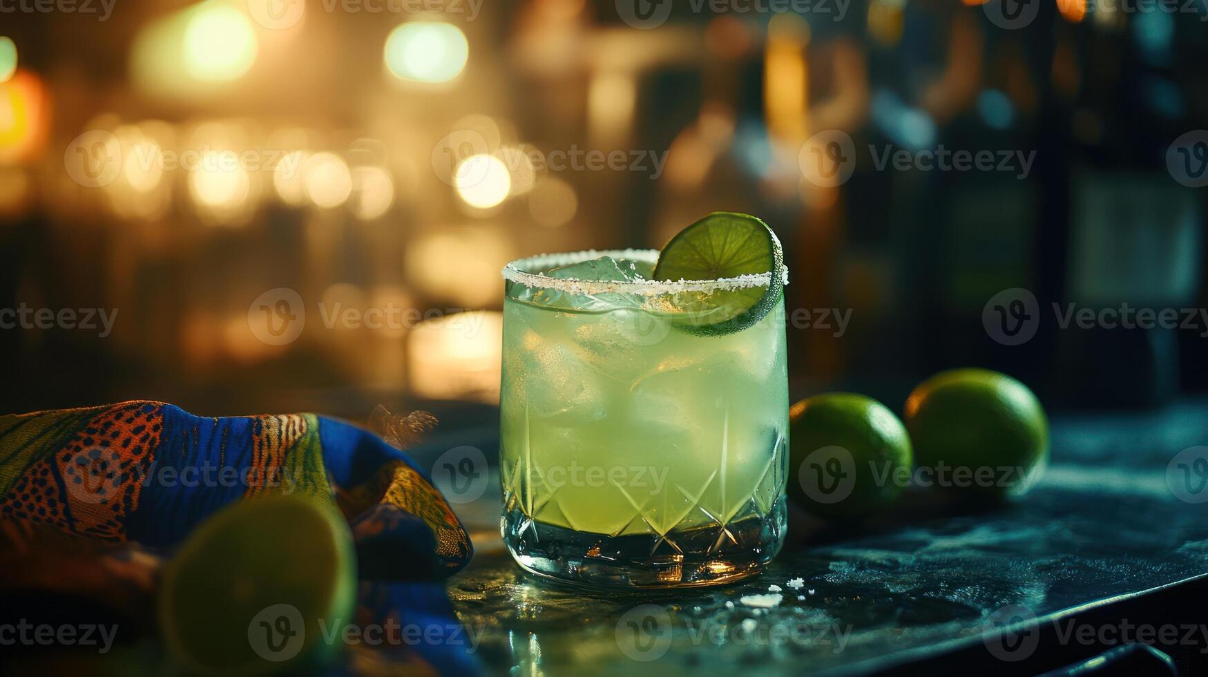 A Refreshing Cocktail Garnished With Lime Is Shown On Bar photo