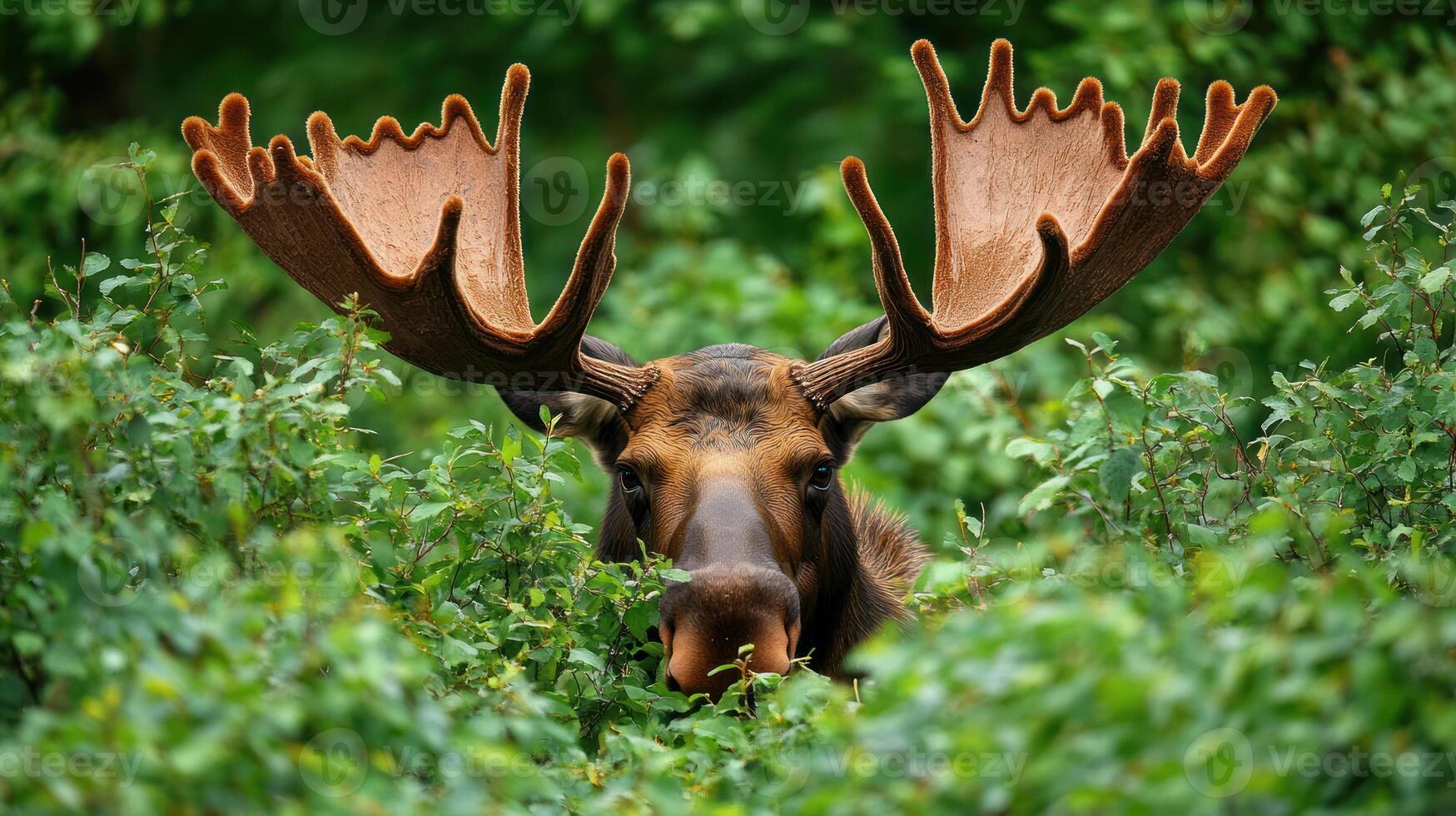 A large moose with impressive antlers peers from green bushes photo