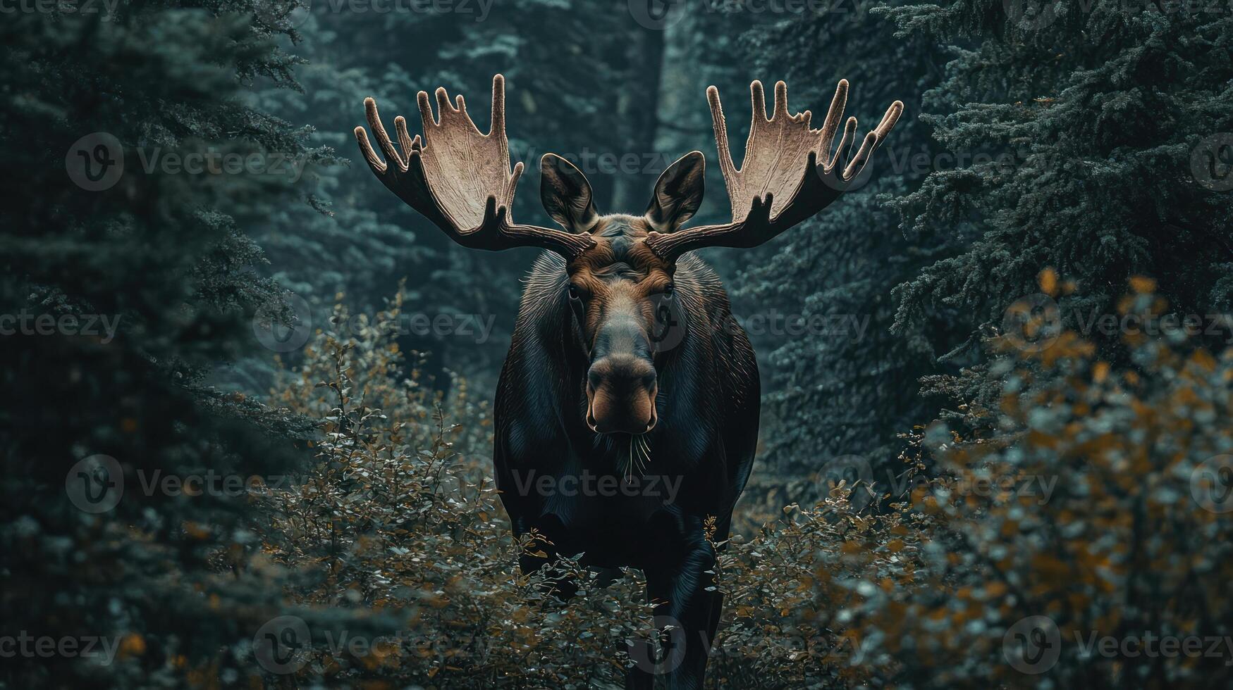 A large moose with impressive antlers stands in a forest photo