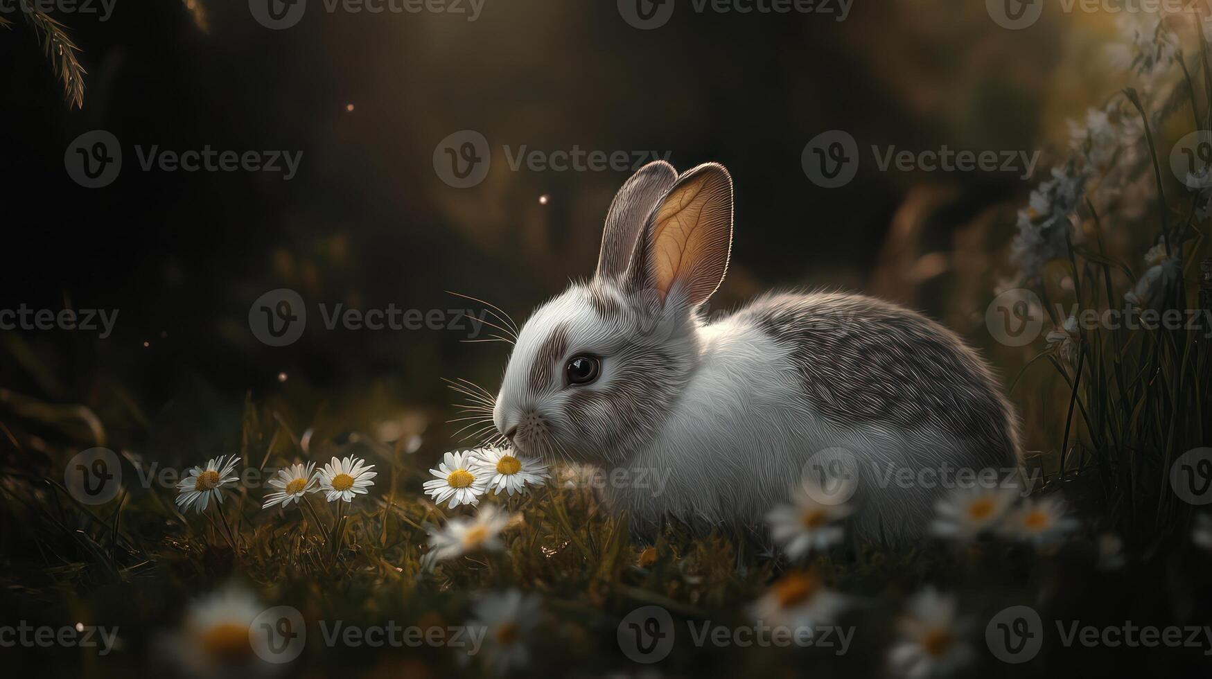 A fluffy rabbit enjoys the daisies in a peaceful meadow scene photo