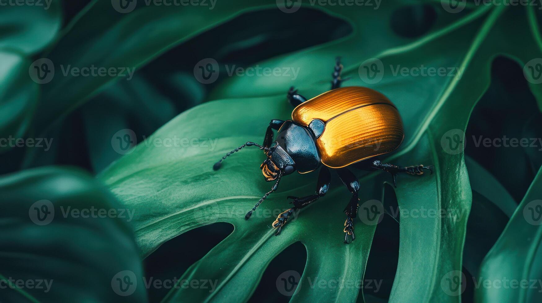 A golden beetle rests on a large green tropical leaf photo