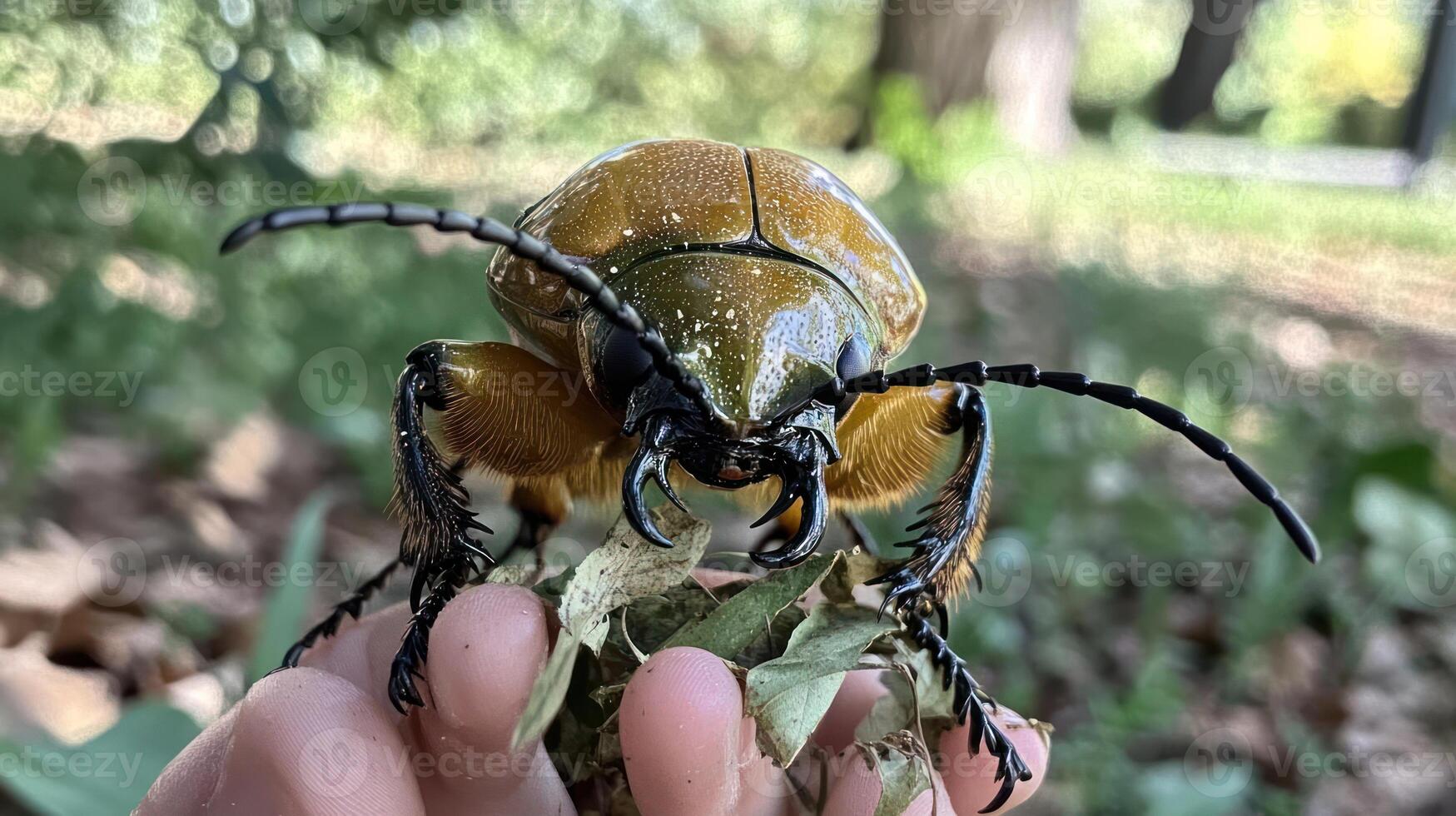 A large beetle rests on a hand amidst some foliage photo