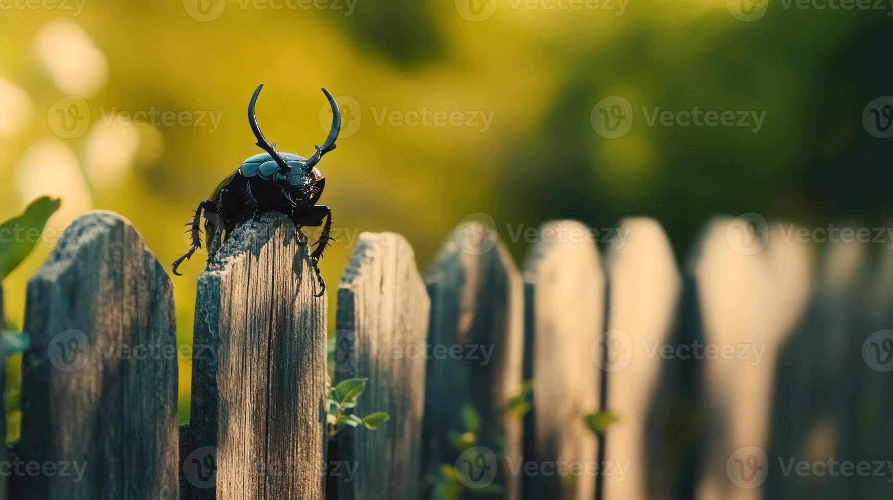 A beetle perched upon a weathered wooden picket fence structure photo