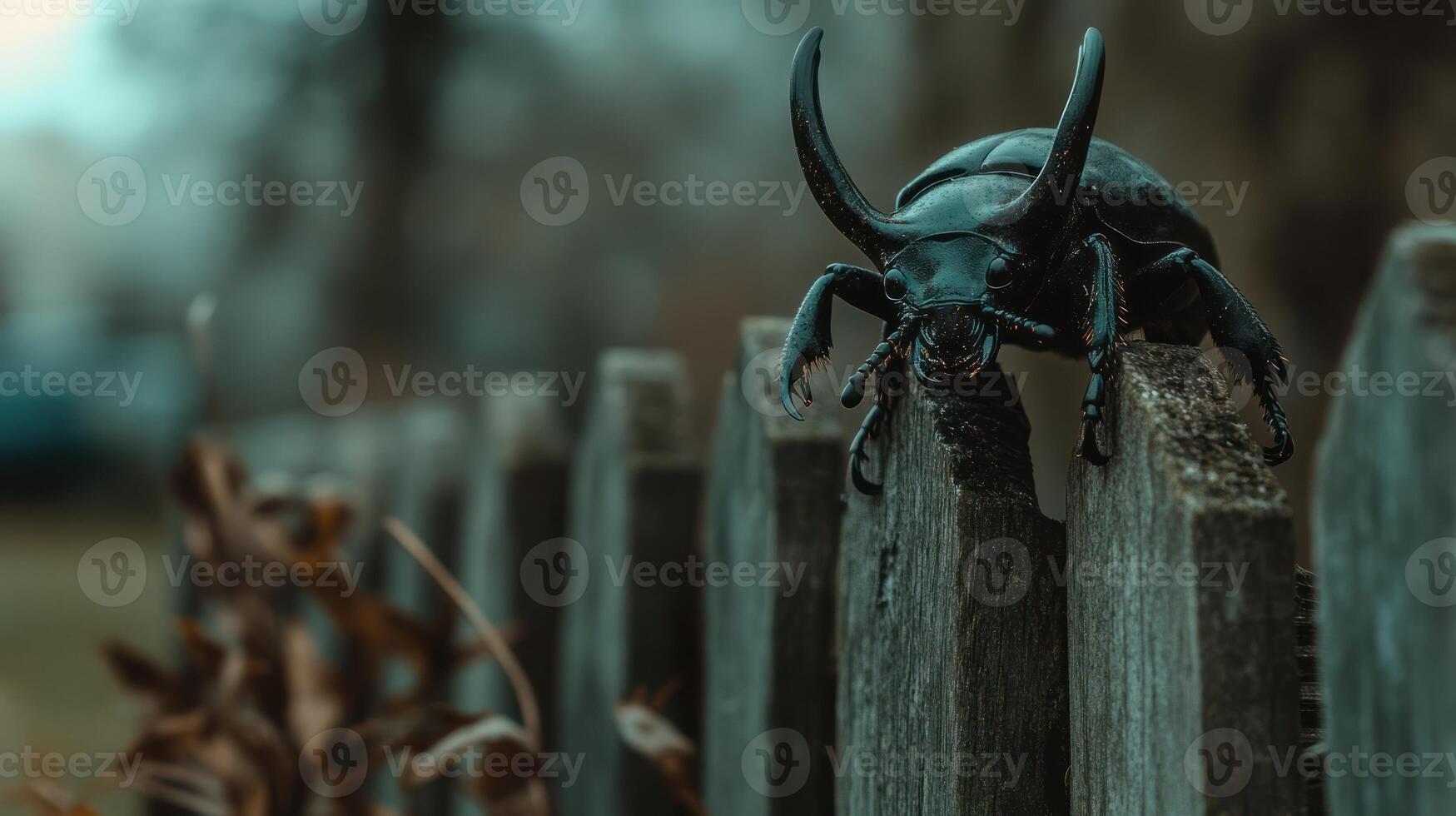 A large black beetle perches on a weathered wooden fence post photo