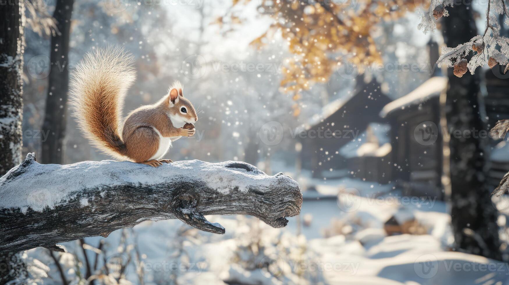 A small squirrel perched on a snowy log eating a nut photo