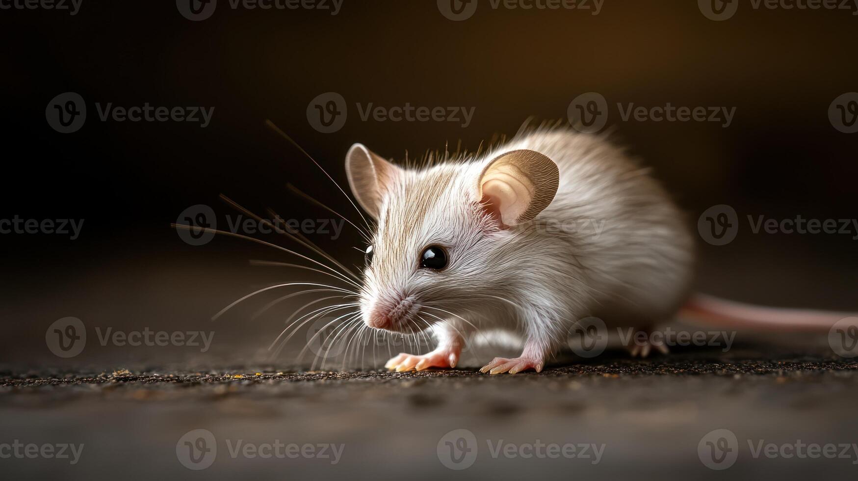 A small white mouse standing gracefully on a dark surface photo