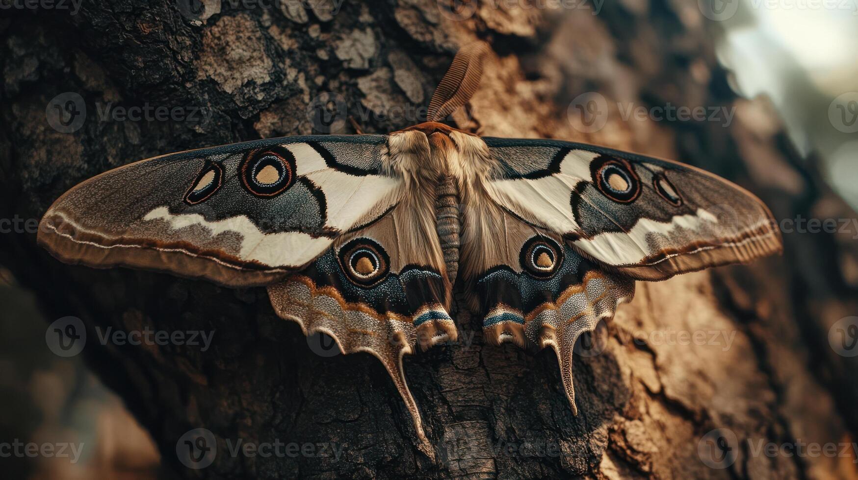 A Large Moth Resting Upon a Textured Tree Trunk photo