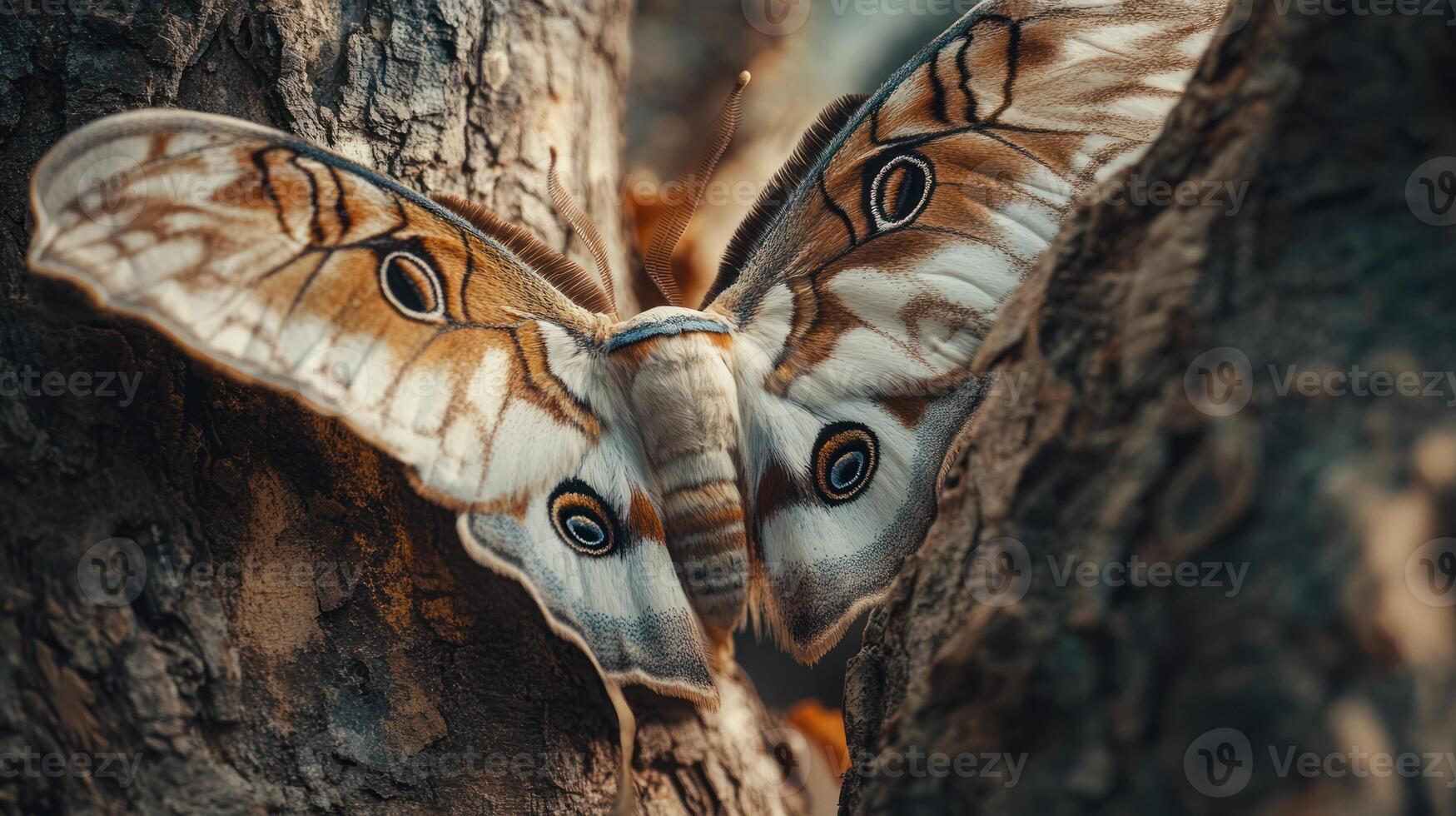 A beautiful butterfly with open wings resting on a tree trunk photo