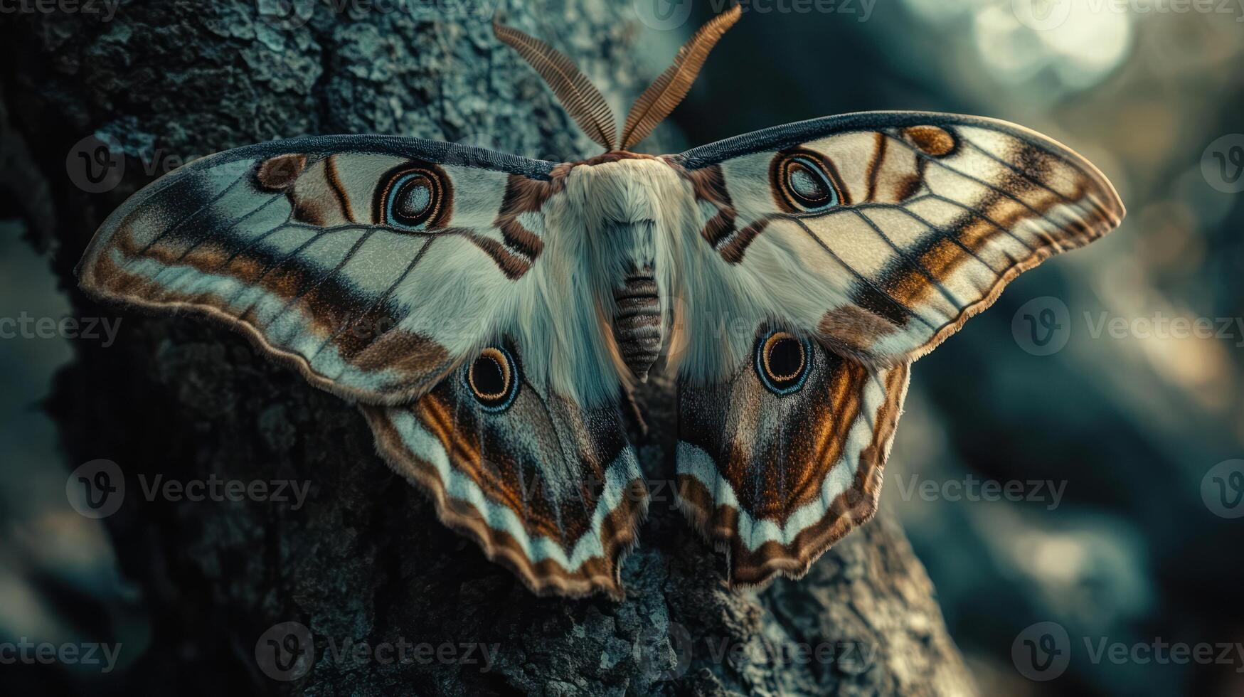 A detailed macro photograph featuring a large moth in nature photo
